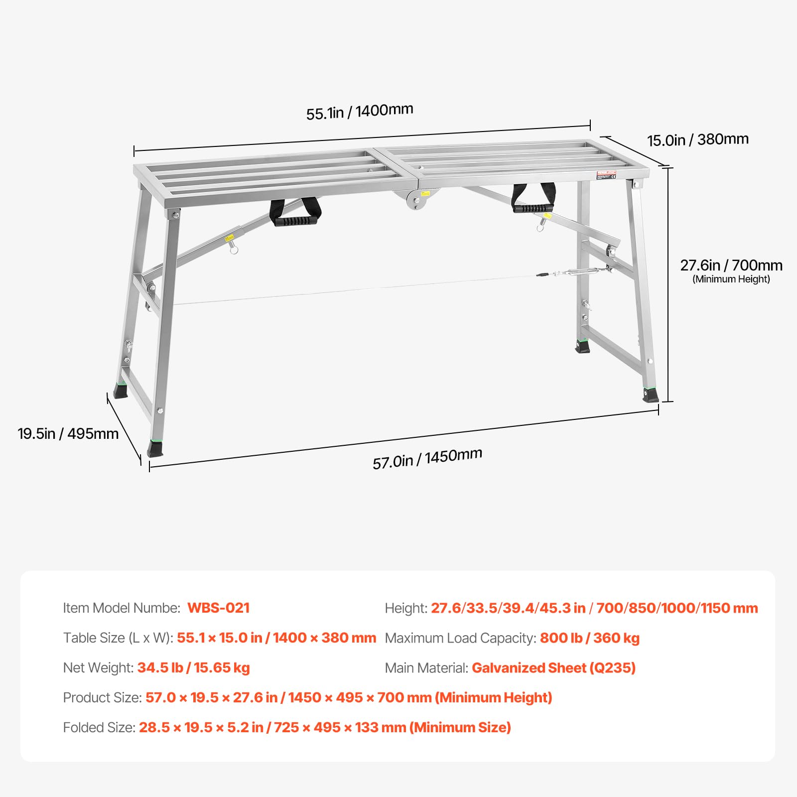 Foto 8 pulgar | Escalera Plegable De Acero Work Platform Vevor, 55 X 15 Cm, 360 Kg - Venta Internacional.