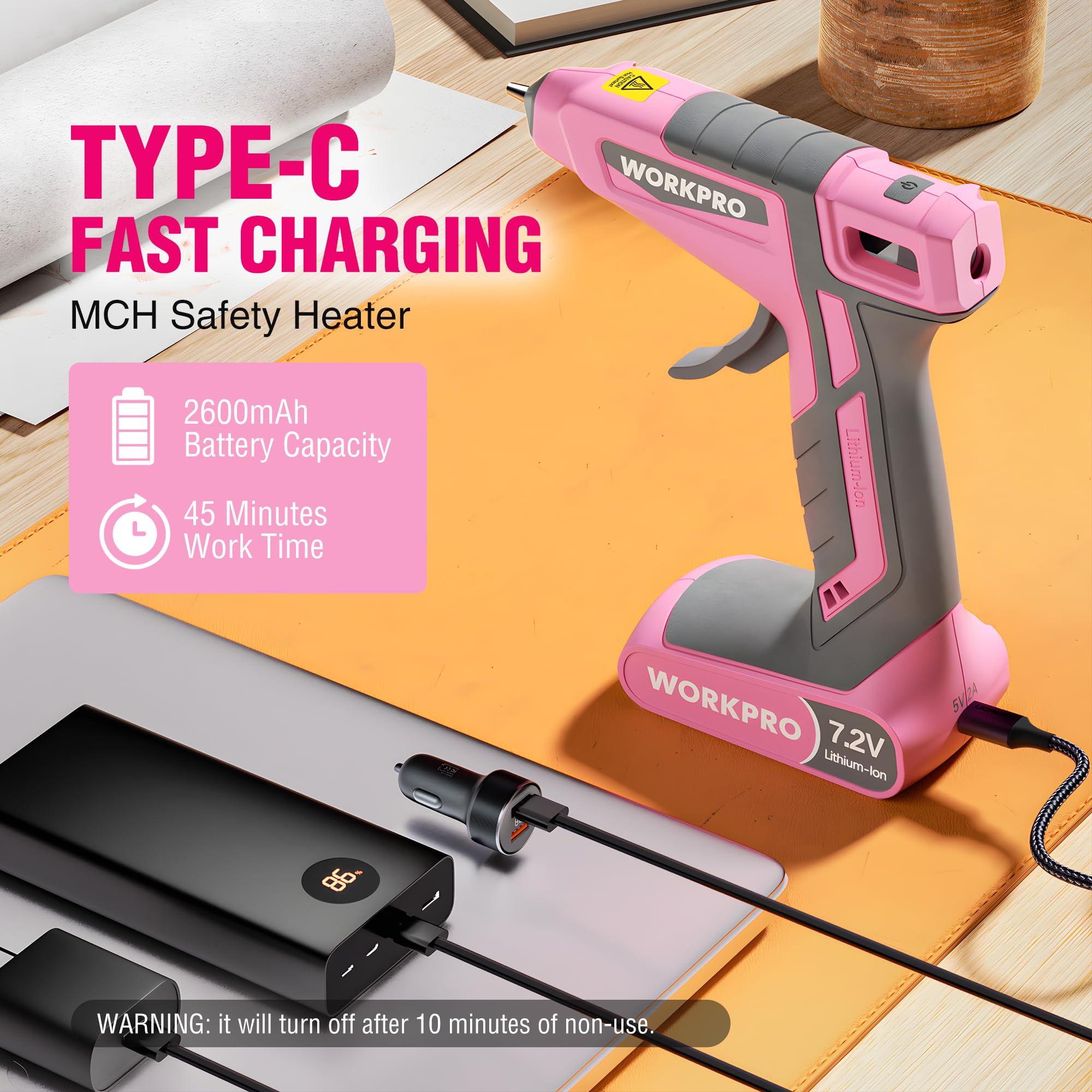 Foto 7 | Pistola Inalámbrica De Pegamento Caliente Workpro De 7,2 V Con 50 Barras De Pegamento, 2600 Mah - Venta Internacional.