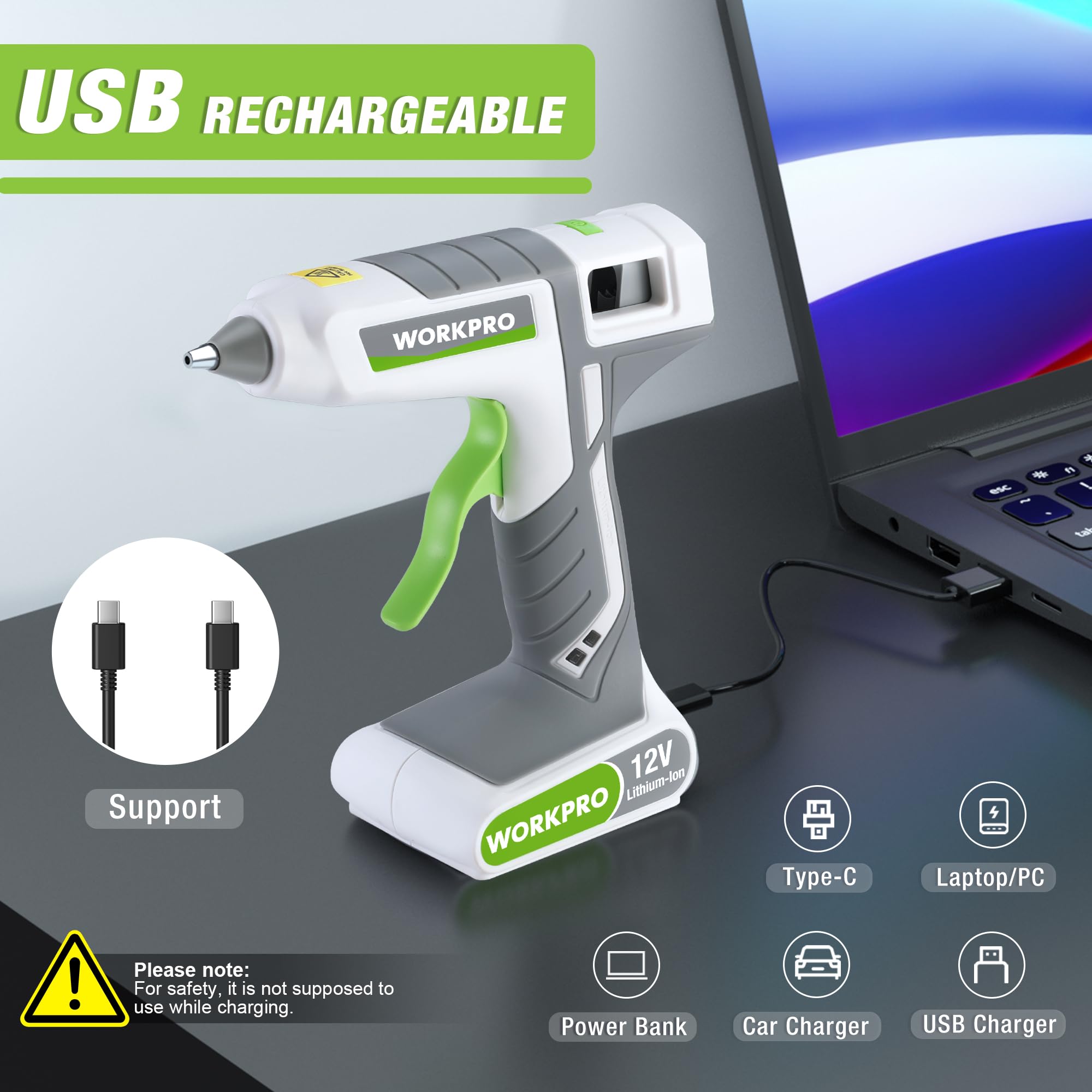 Foto 8 pulgar | Pistola De Pegamento Termofusible Inalámbrica Workpro 12 V Recargable Blanca - Venta Internacional.