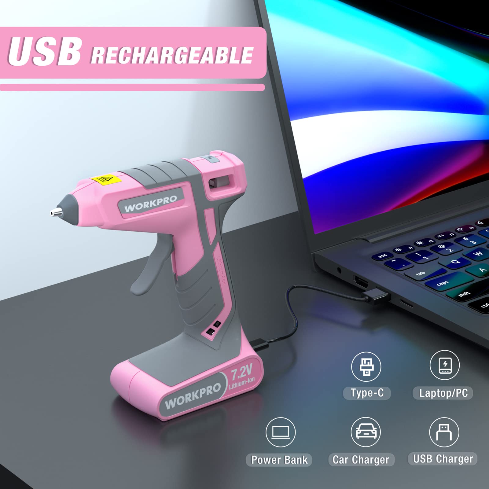 Foto 7 pulgar | Pistola De Pegamento Termofusible Inalámbrica Workpro, Color Rosa, 7,2 V, Con 20 Barras De Pegamento - Venta Interna