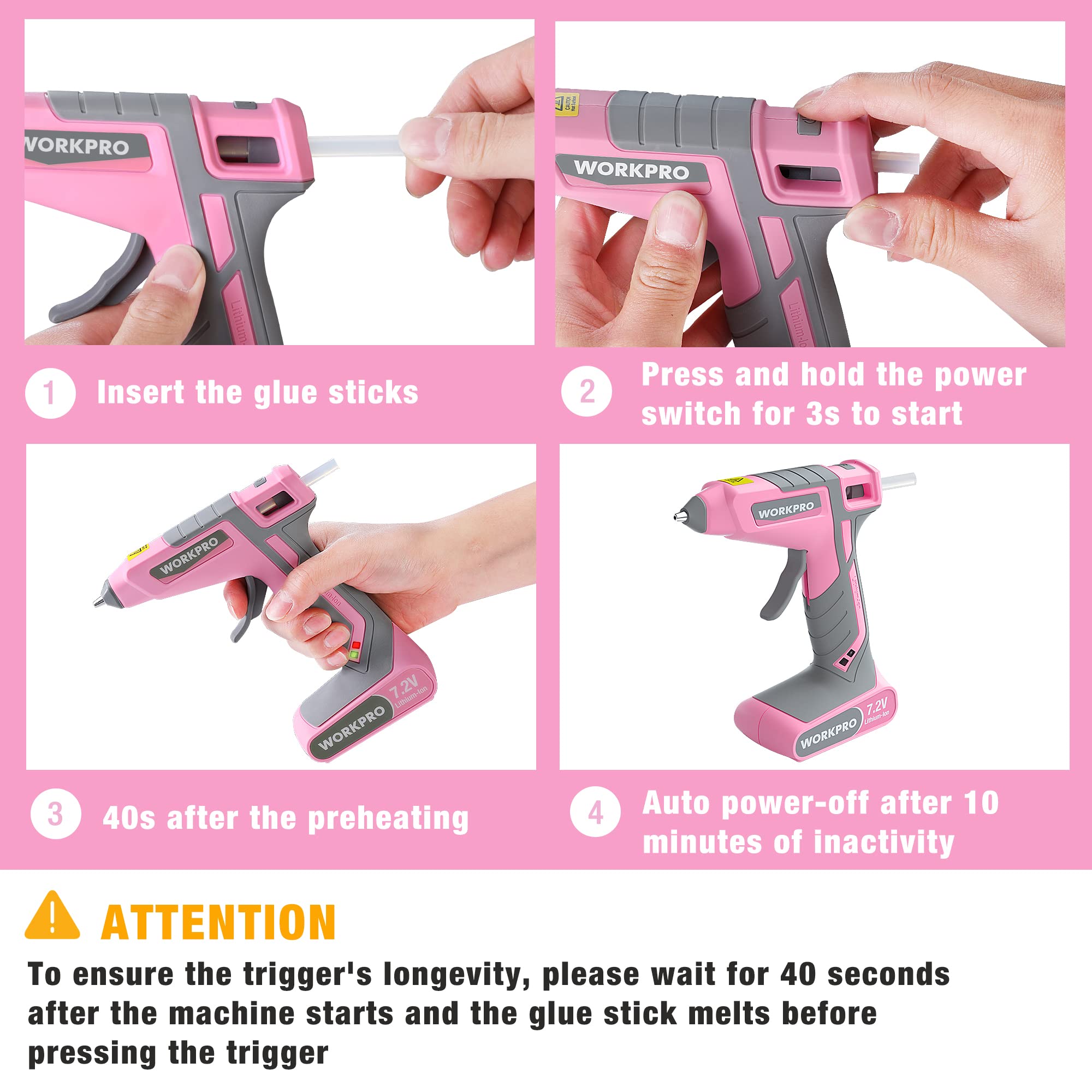 Foto 8 pulgar | Pistola De Pegamento Termofusible Inalámbrica Workpro, Color Rosa, 7,2 V, Con 20 Barras De Pegamento - Venta Interna