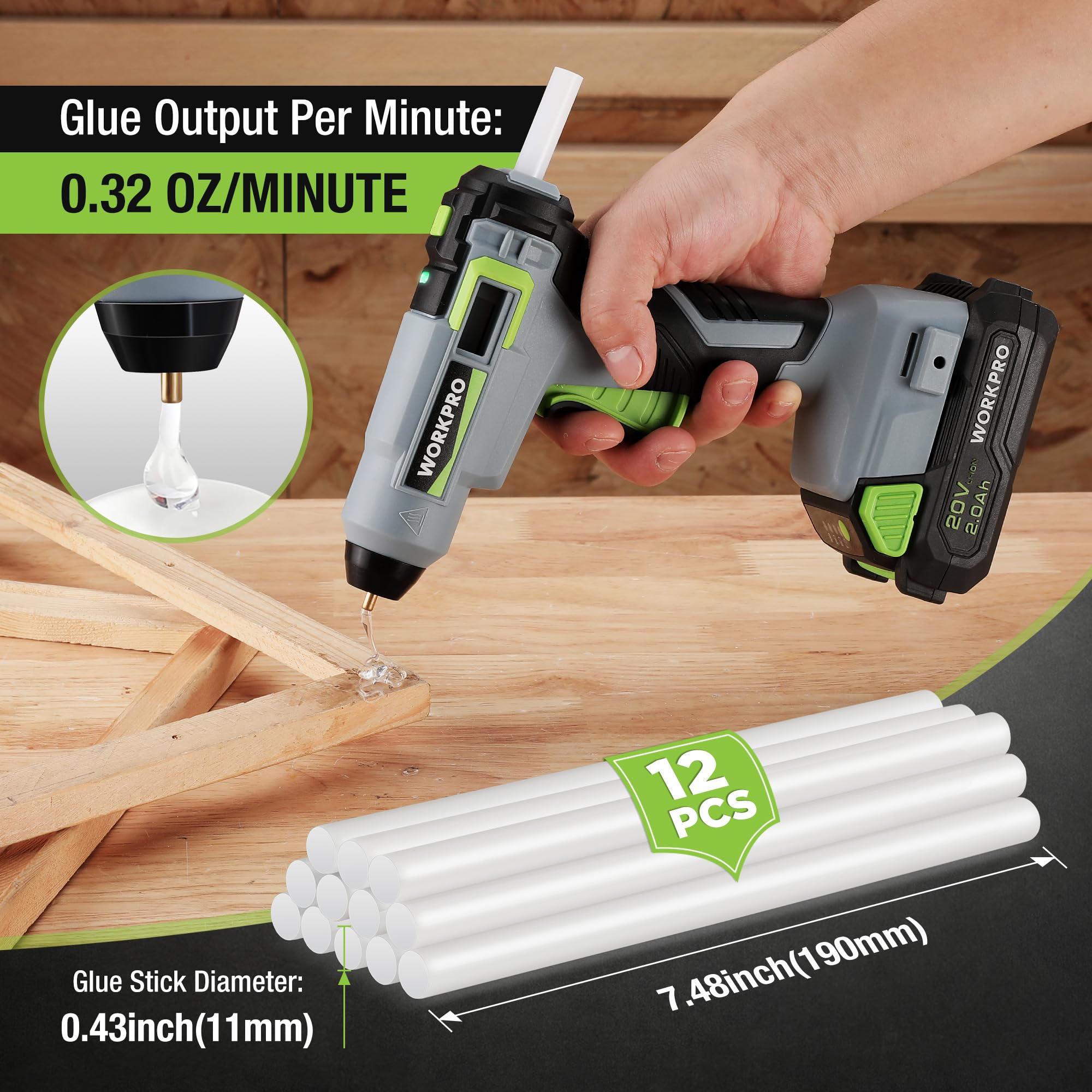 Foto 5 pulgar | Pistola De Pegamento Termofusible Inalámbrica Workpro 20 V 2.0 Ah Con 12 Barras De Pegamento - Venta Internacional.