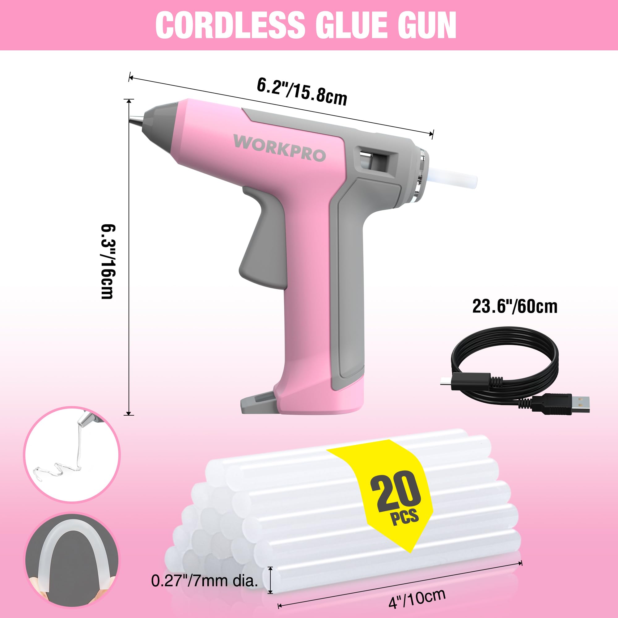 Foto 6 pulgar | Minipistola Inalámbrica De Pegamento Caliente Workpro, Rosa, Recargable, 3,6 V - Venta Internacional.