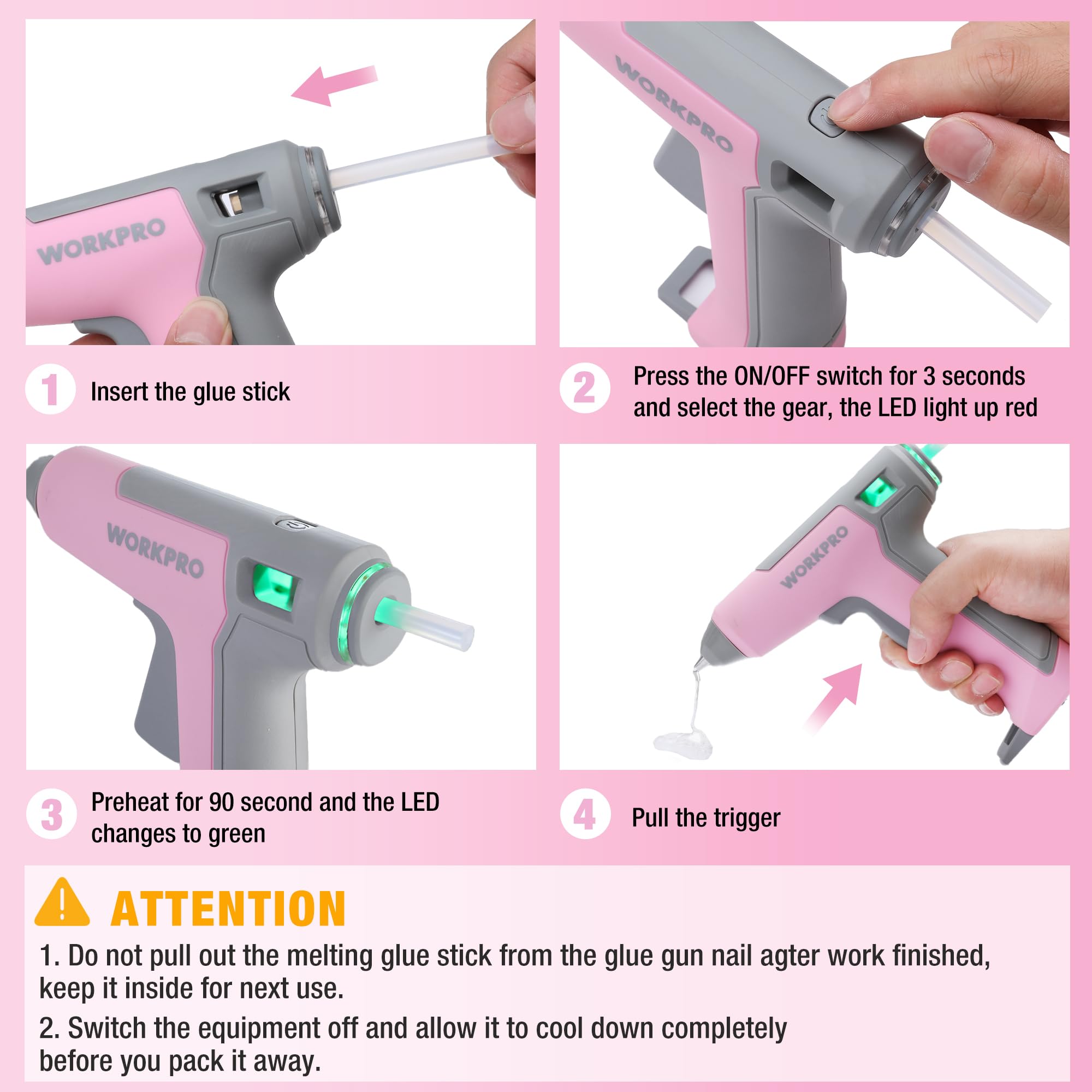 Foto 7 pulgar | Minipistola Inalámbrica De Pegamento Caliente Workpro, Rosa, Recargable, 3,6 V - Venta Internacional.