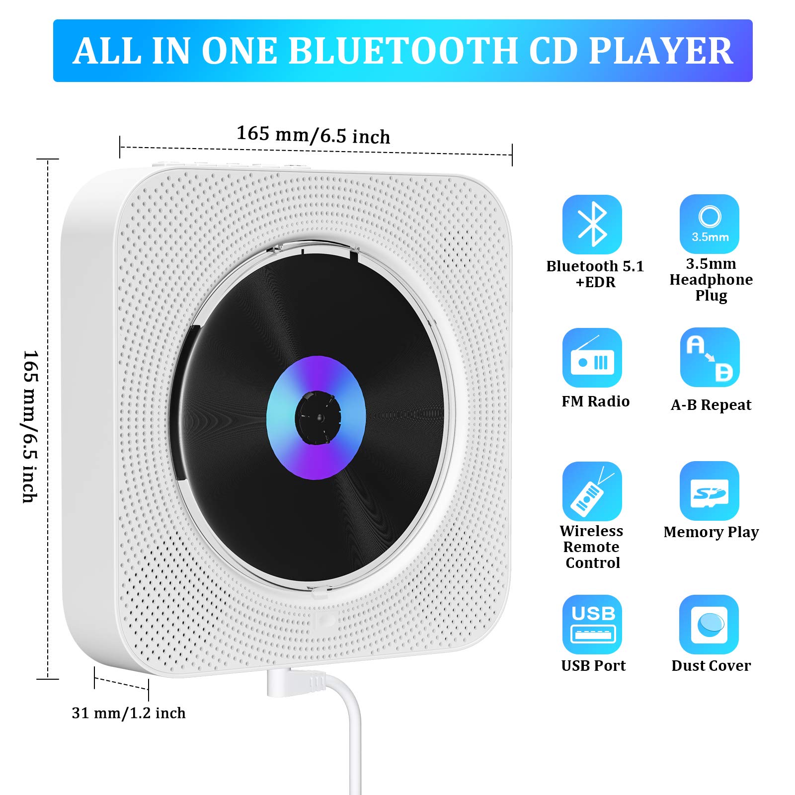 Foto 3 | Venta Internacional - Reproductor De Cd Qoosea Portátil Bluetooth De Montaje En Pared