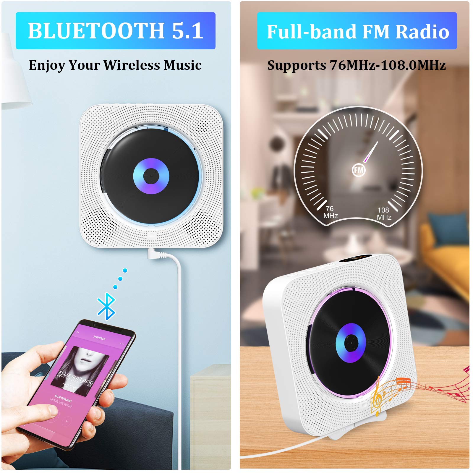 Foto 5 pulgar | Venta Internacional - Reproductor De Cd Qoosea Portátil Bluetooth De Montaje En Pared