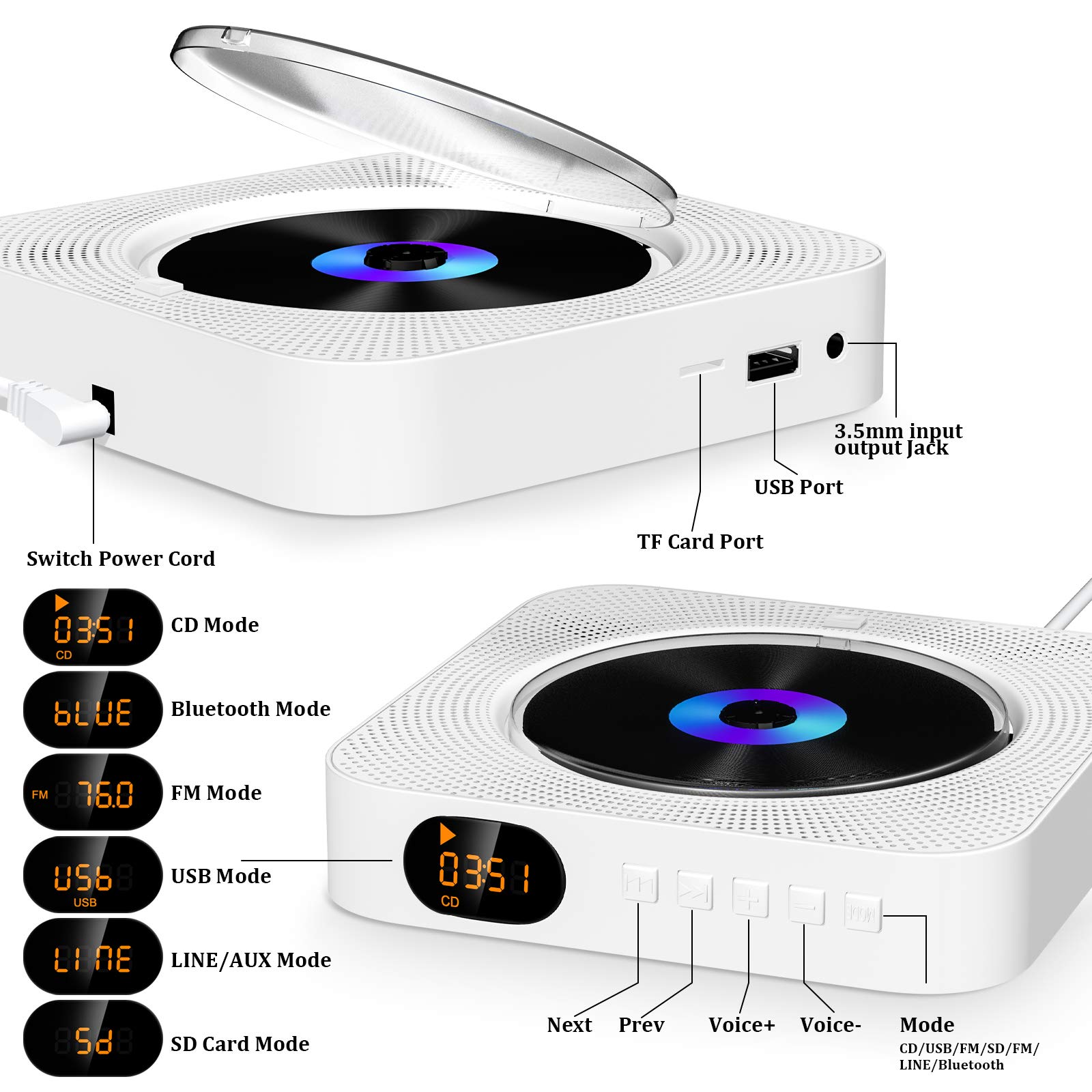 Foto 7 | Venta Internacional - Reproductor De Cd Qoosea Portátil Bluetooth De Montaje En Pared