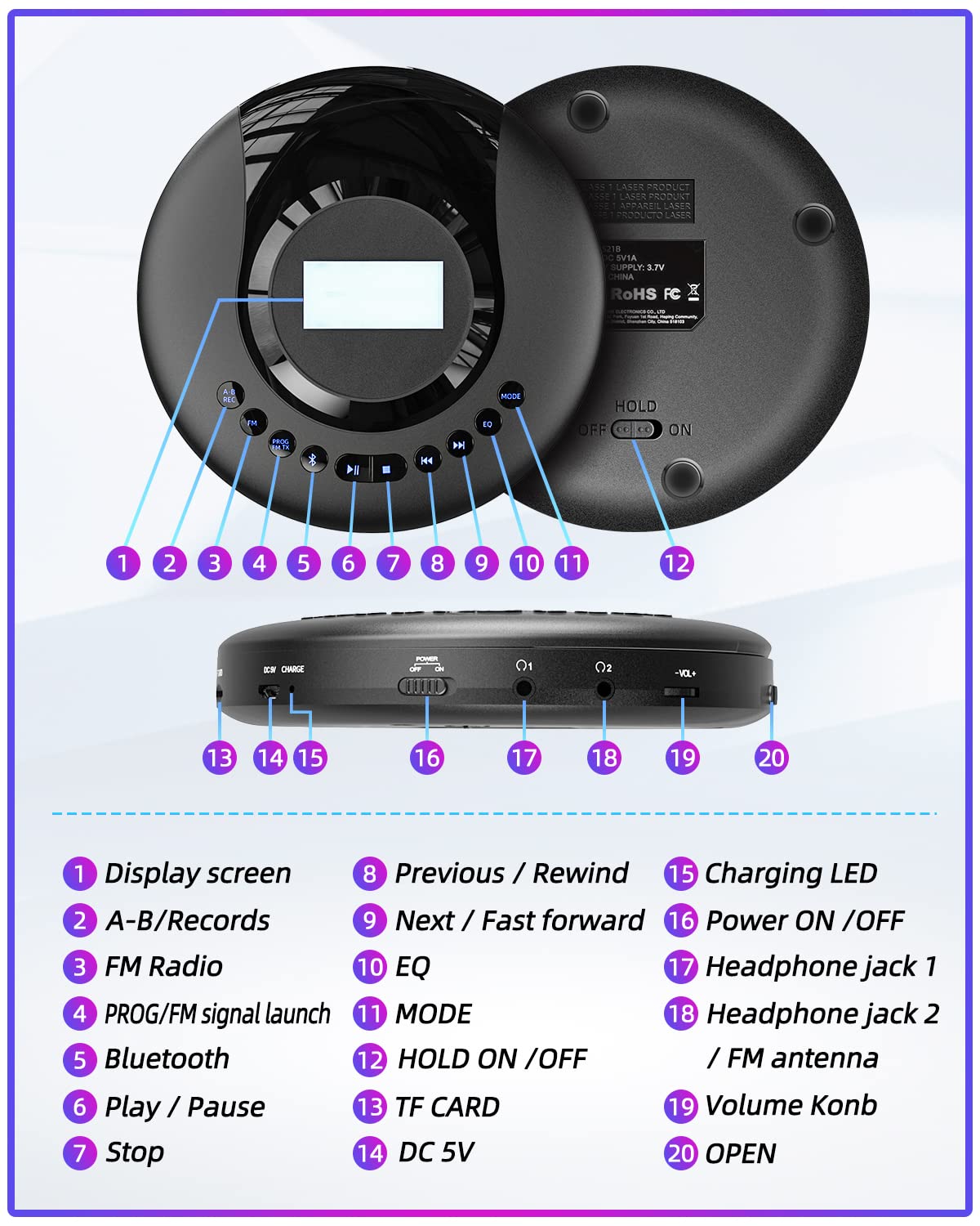 Foto 8 | Venta Internacional - Reproductor De Cd Portátil Arafuna Bluetooth Con Radio Fm 2000mah