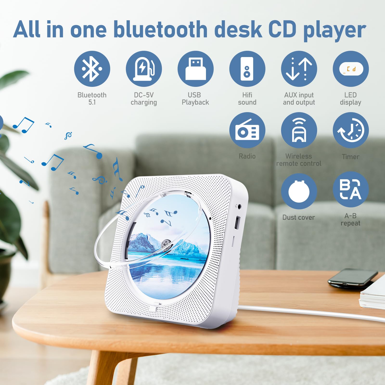 Foto 7 pulgar | Reproductor de Cd Portátil Zyokata Bluetooth 5.1 con Altavoces Hifi Wh - Venta Internacional
