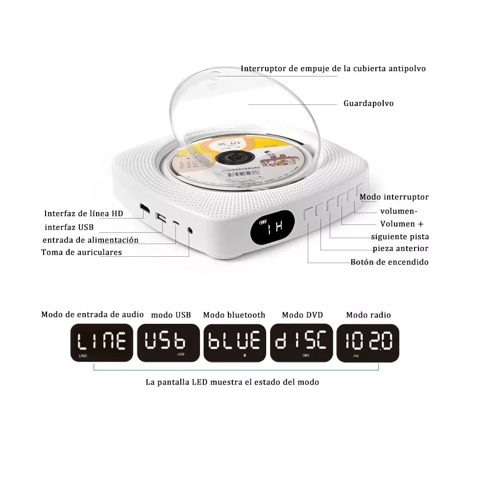 Foto 5 | Reproductor de CD + DVD Belug Bluetooth Blanco con Montaje en Pared