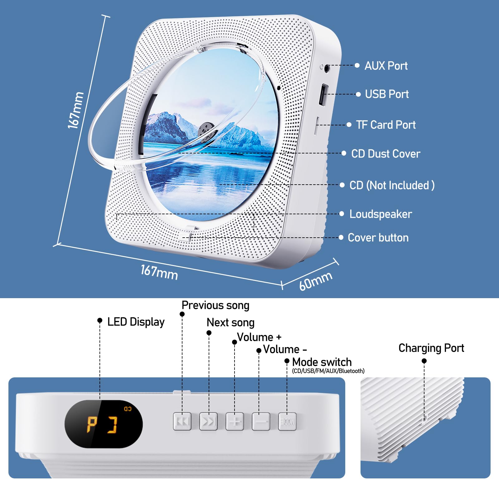 Foto 2 | Reproductor De Cd Portátil Bluetooth 5.1 Zyokata De Escritorio Blanco - Venta Internacional.