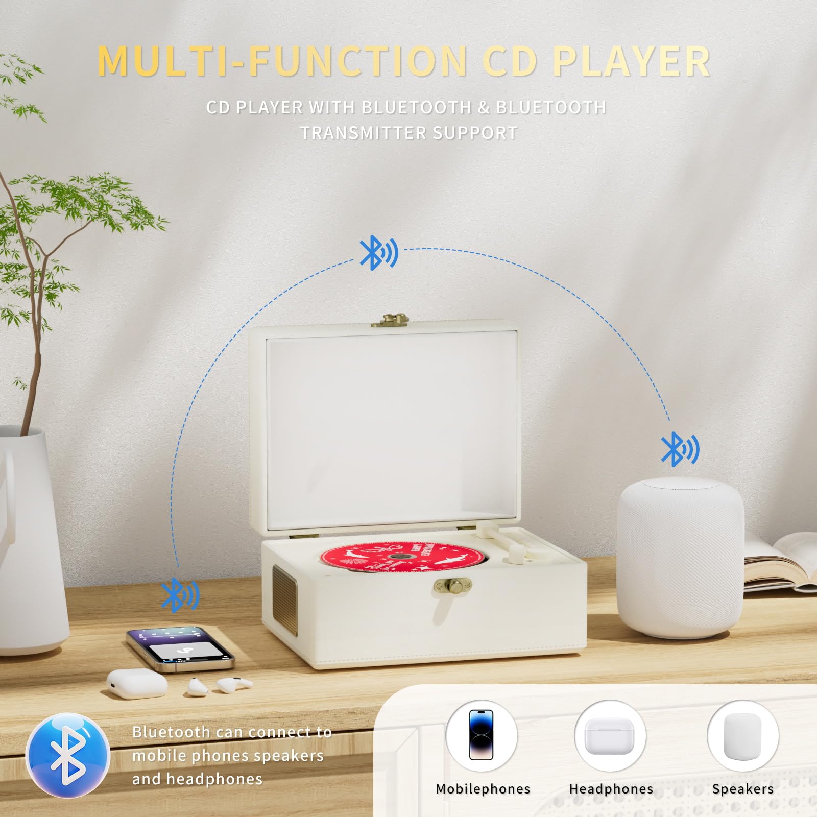 Foto 3 | Reproductor de CD Yintiny de Piel Recargable con Bluetooth 5 - Venta Internacional