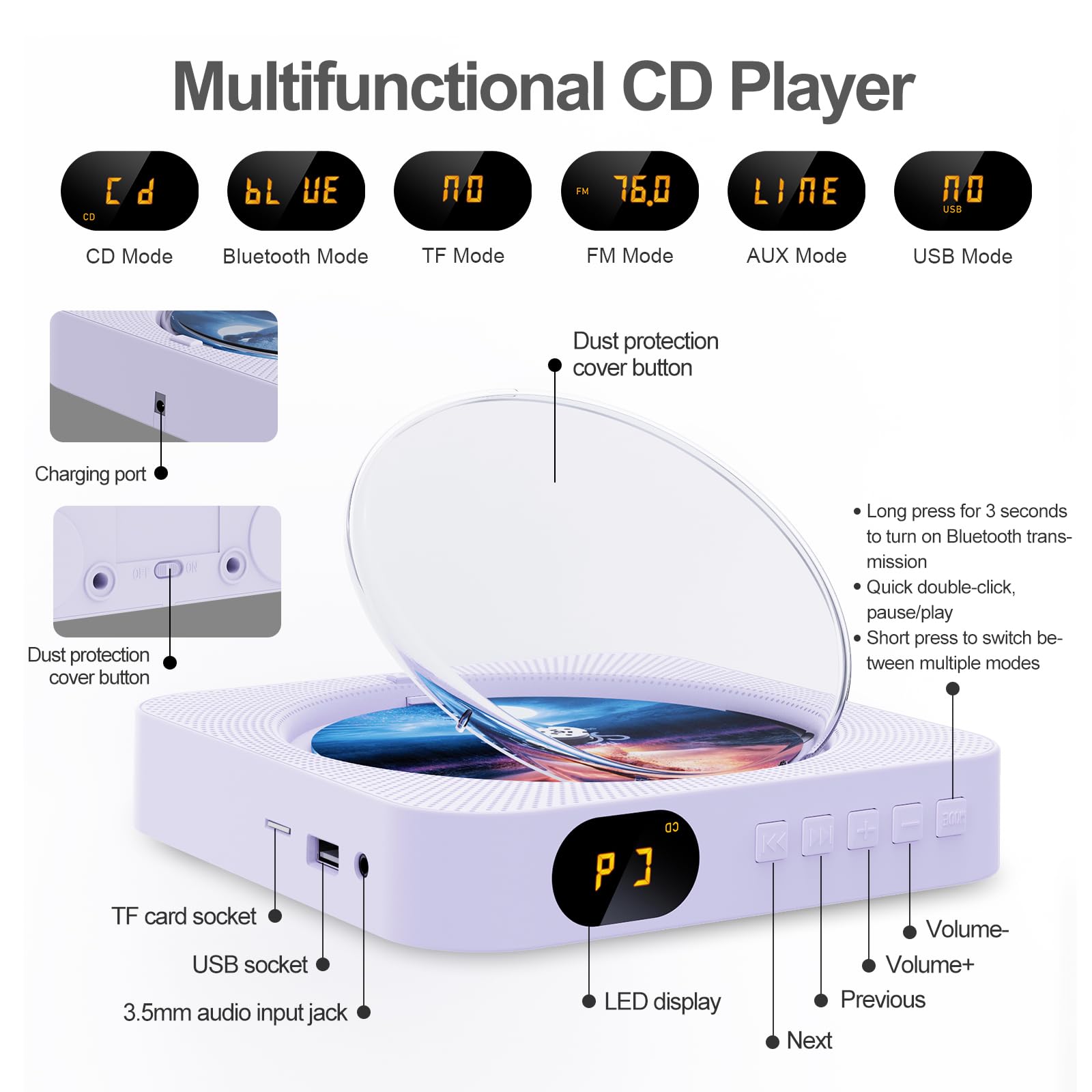 Foto 7 pulgar | Reproductor De Cd Portátil Micocious Con Bluetooth Y Radio Fm - Venta Internacional.