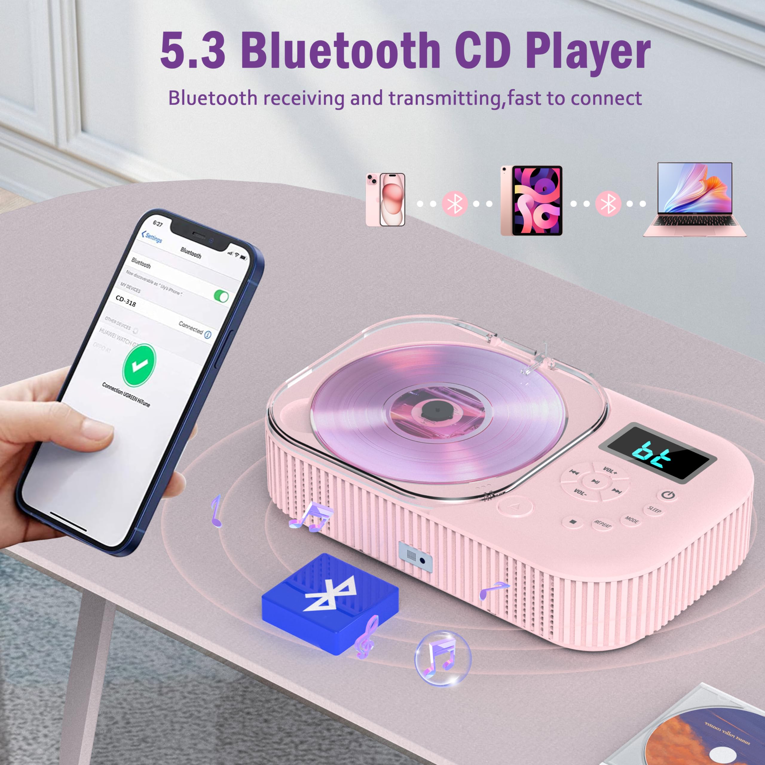 Foto 4 | Reproductor De Cd Portátil Greadio 2000mah Con Bluetooth 5.3 Rosa - Venta Internacional.