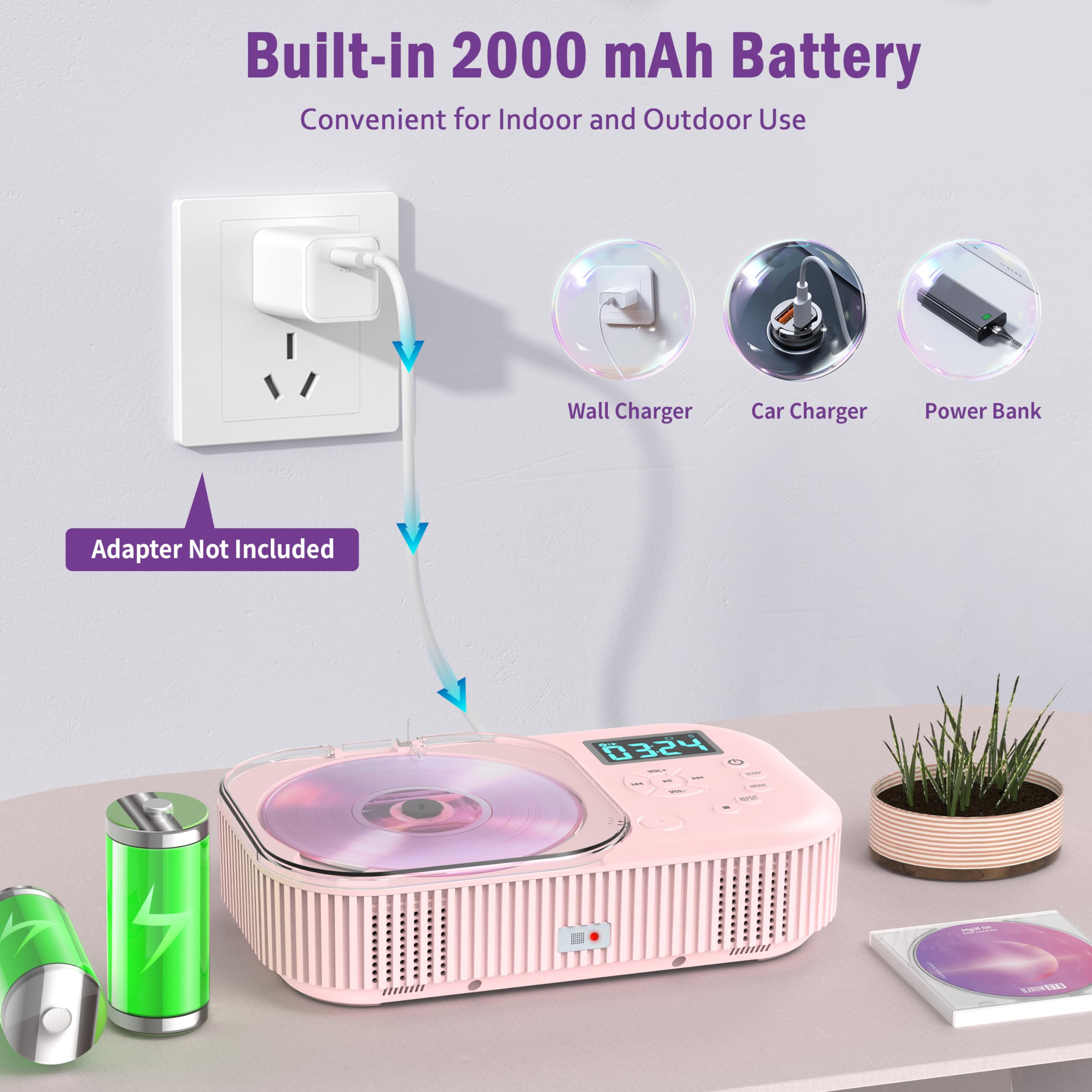 Foto 5 | Reproductor De Cd Portátil Greadio 2000mah Con Bluetooth 5.3 Rosa - Venta Internacional.