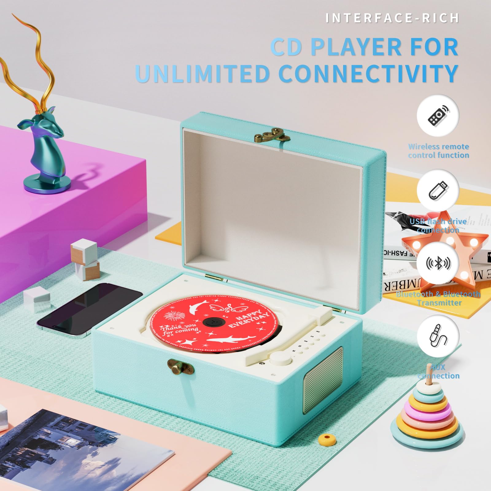 Foto 2 | Reproductor De Cd Yintiny Blue Time Music Box Con Altavoz Recargable - Venta Internacional.