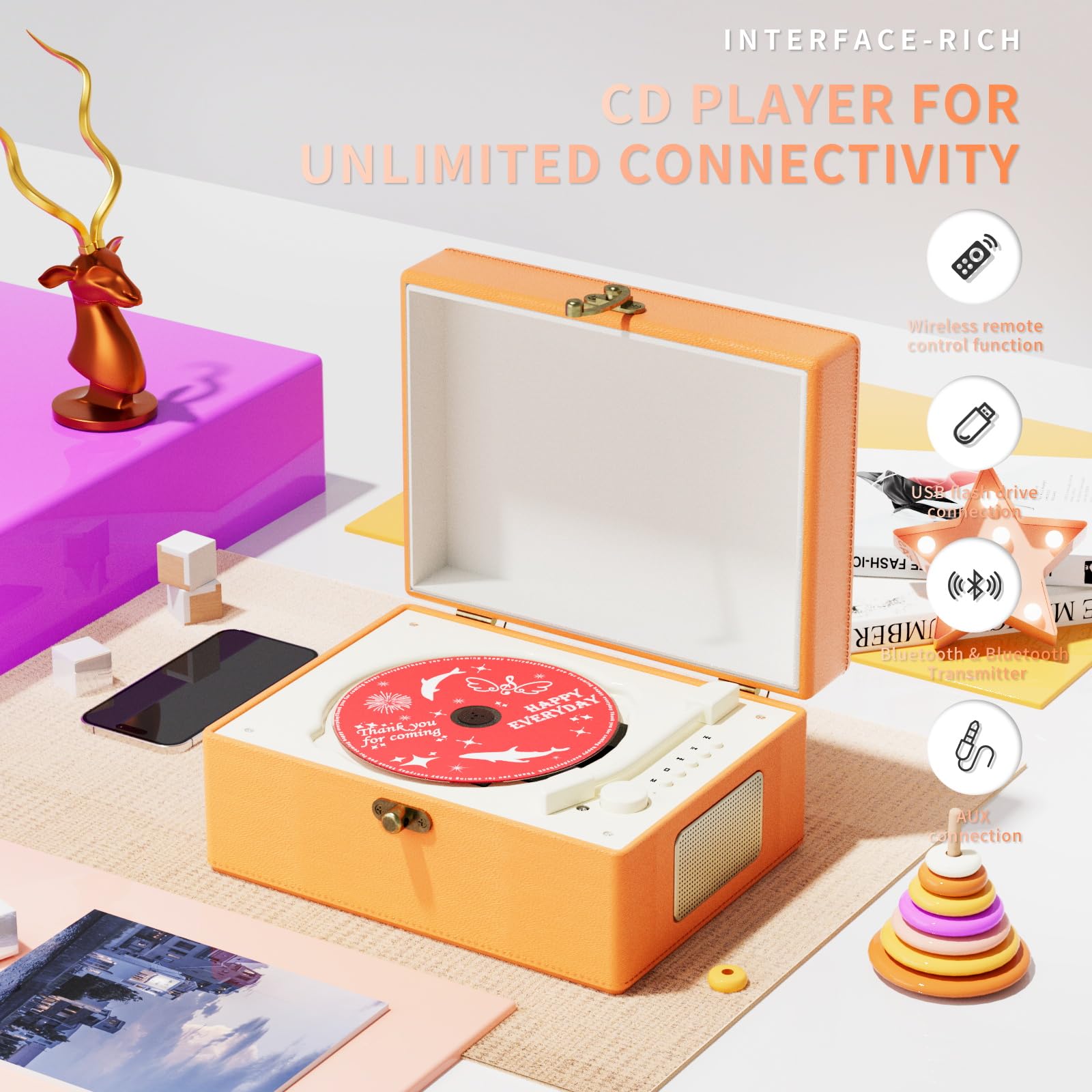 Foto 3 pulgar | Reproductor De Cd Yintiny Time Music Box Con Altavoces Bluetooth Naranja - Venta Internacional.