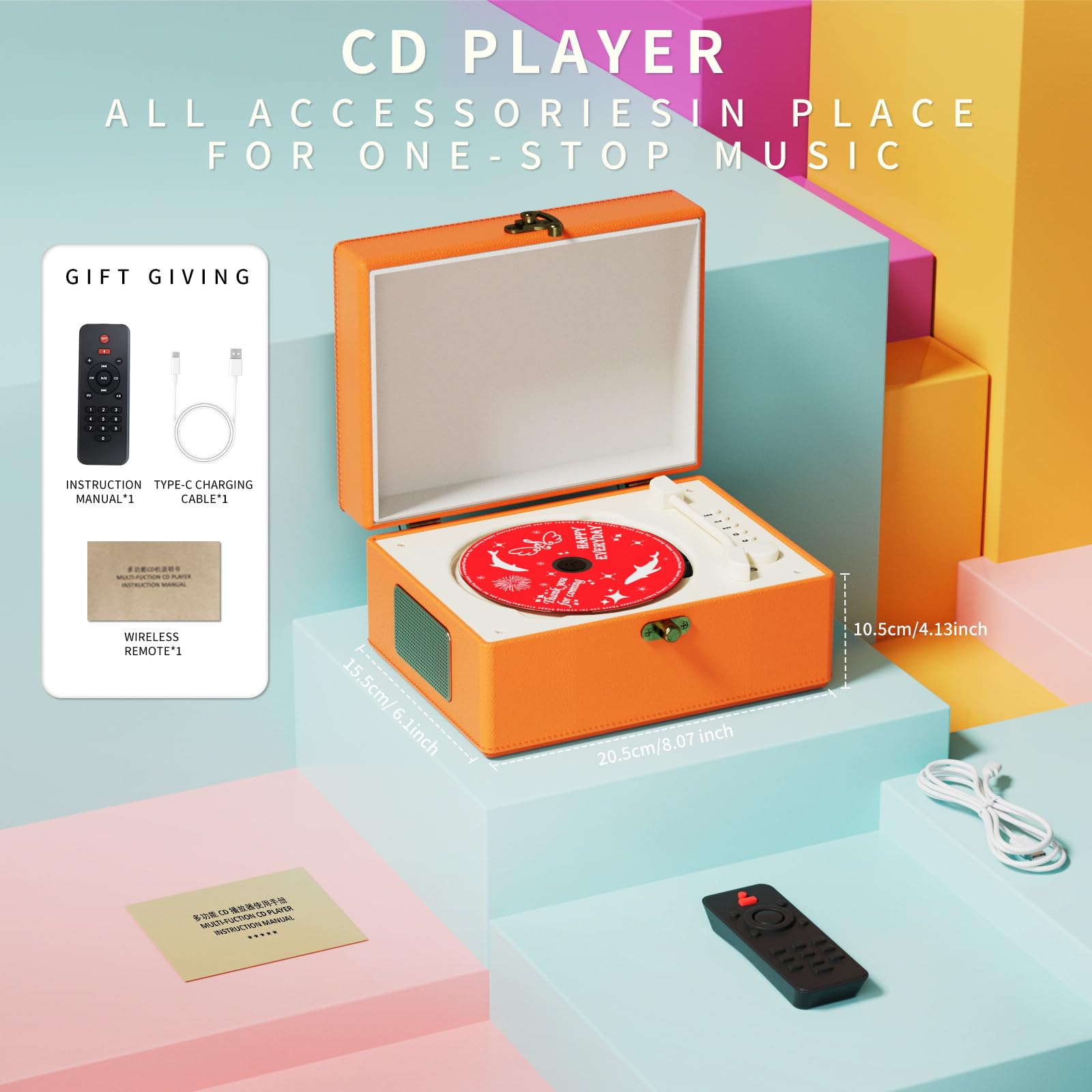 Foto 4 | Reproductor De Cd Yintiny Time Music Box Con Altavoces Bluetooth Naranja - Venta Internacional.