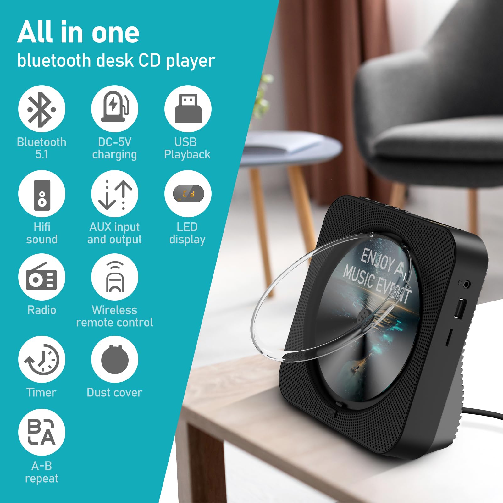 Foto 7 pulgar | Reproductor De Cd Micocious Bluetooth De Escritorio Con Altavoces Y Rc - Venta Internacional.