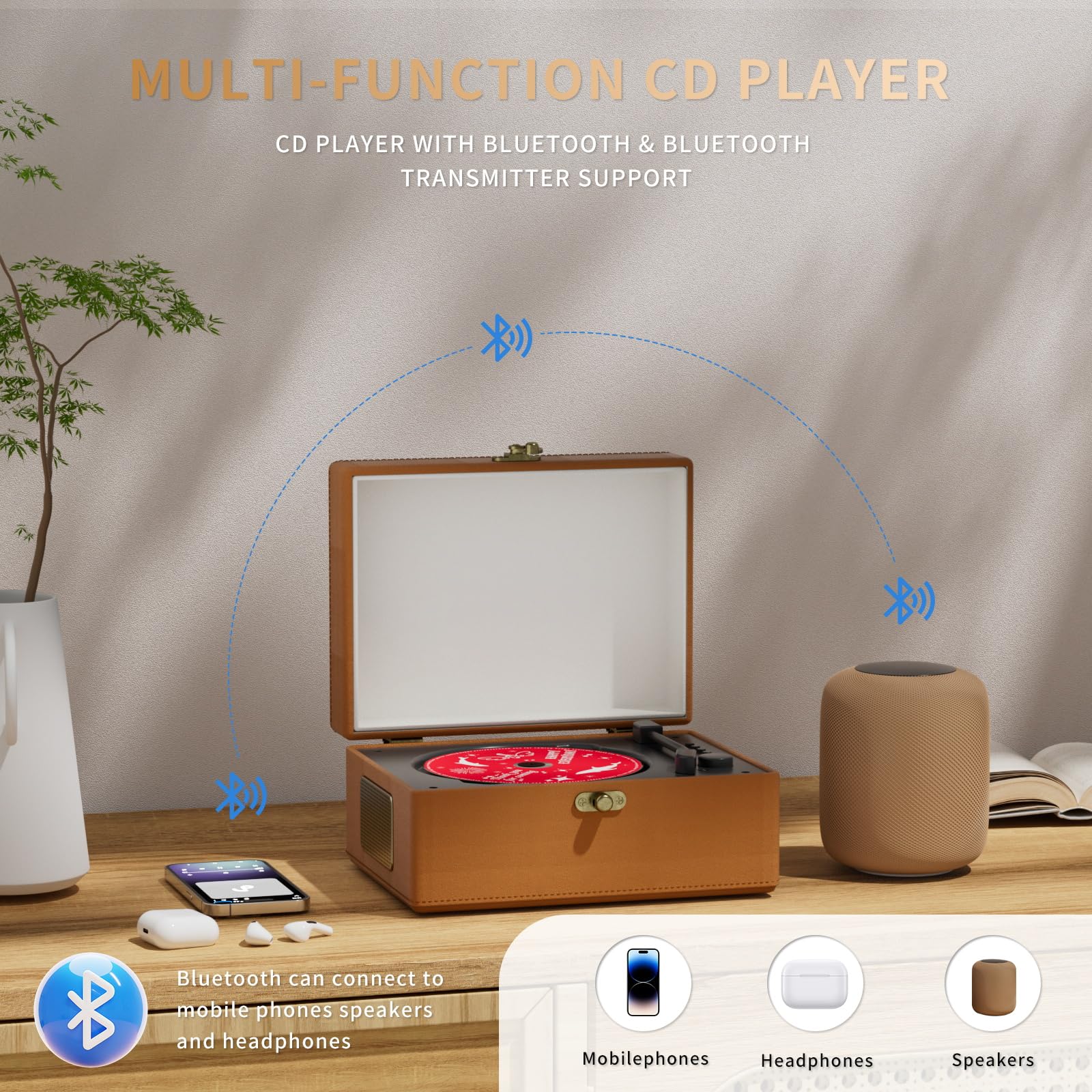 Foto 3 | Reproductor De Cd Yintiny Time Music Box Con Altavoces Bluetooth, Color Marrón - Venta Internacional.