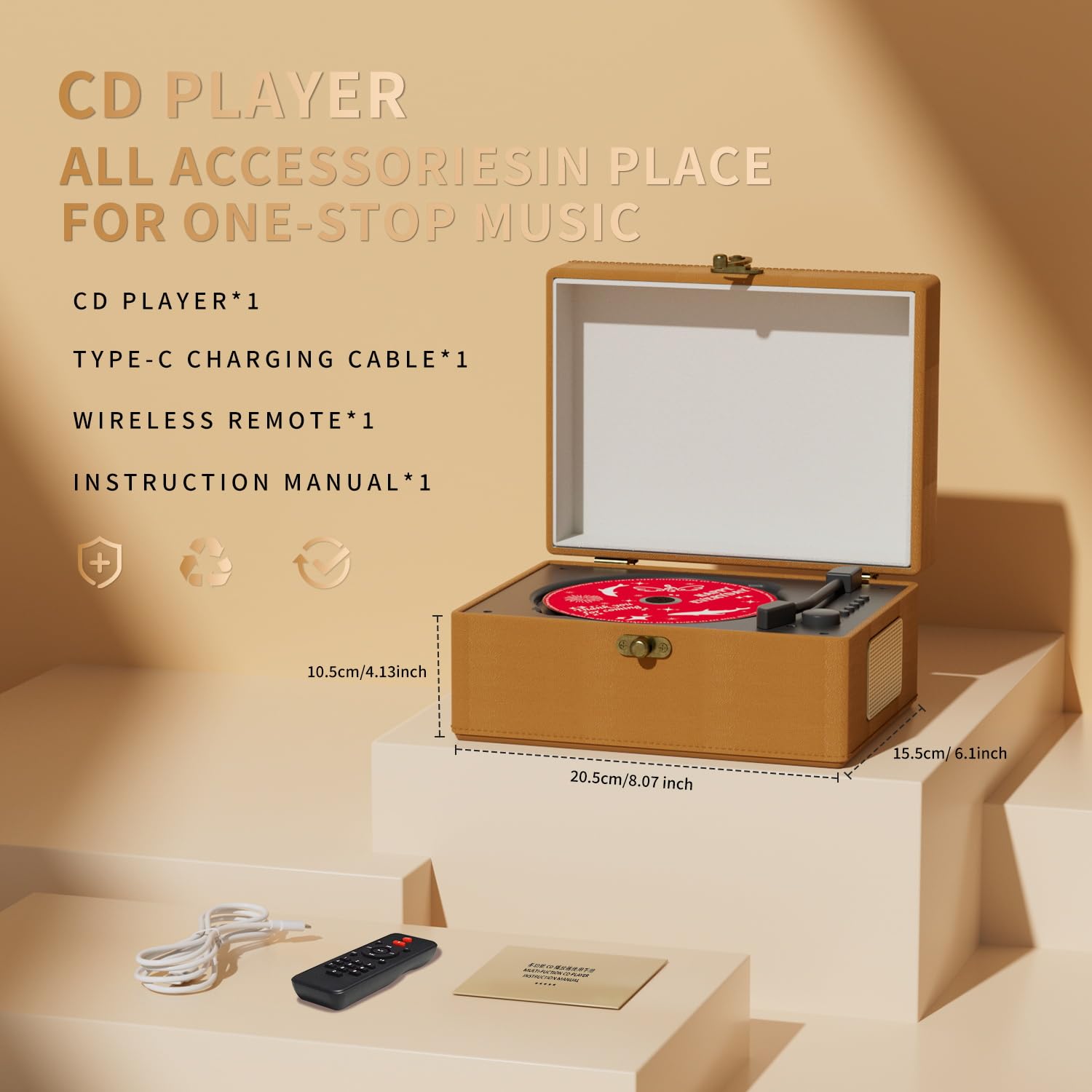 Foto 4 | Reproductor De Cd Yintiny Time Music Box Con Altavoces Bluetooth, Color Marrón - Venta Internacional.