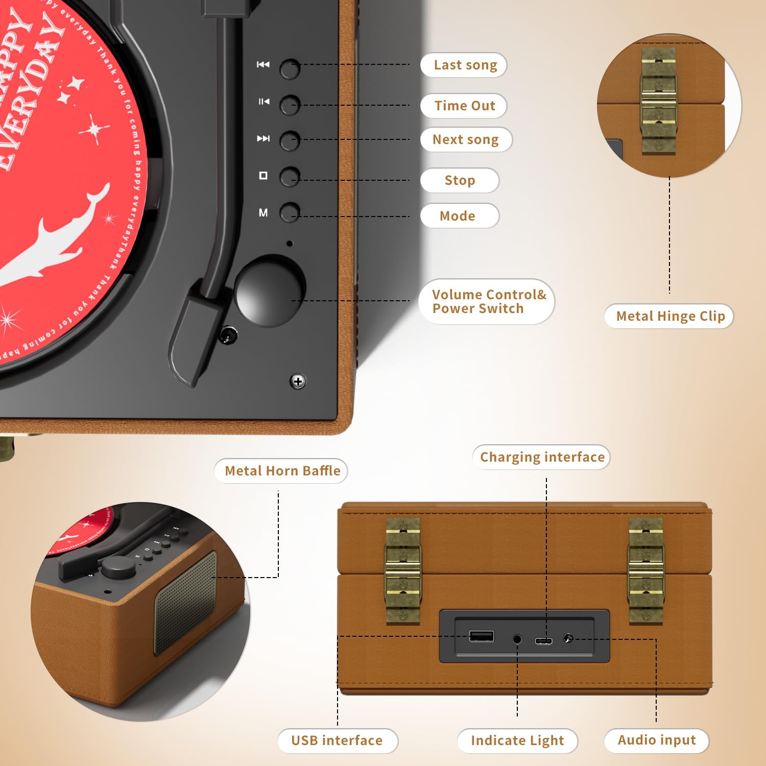 Foto 5 | Reproductor De Cd Yintiny Time Music Box Con Altavoces Bluetooth, Color Marrón - Venta Internacional.