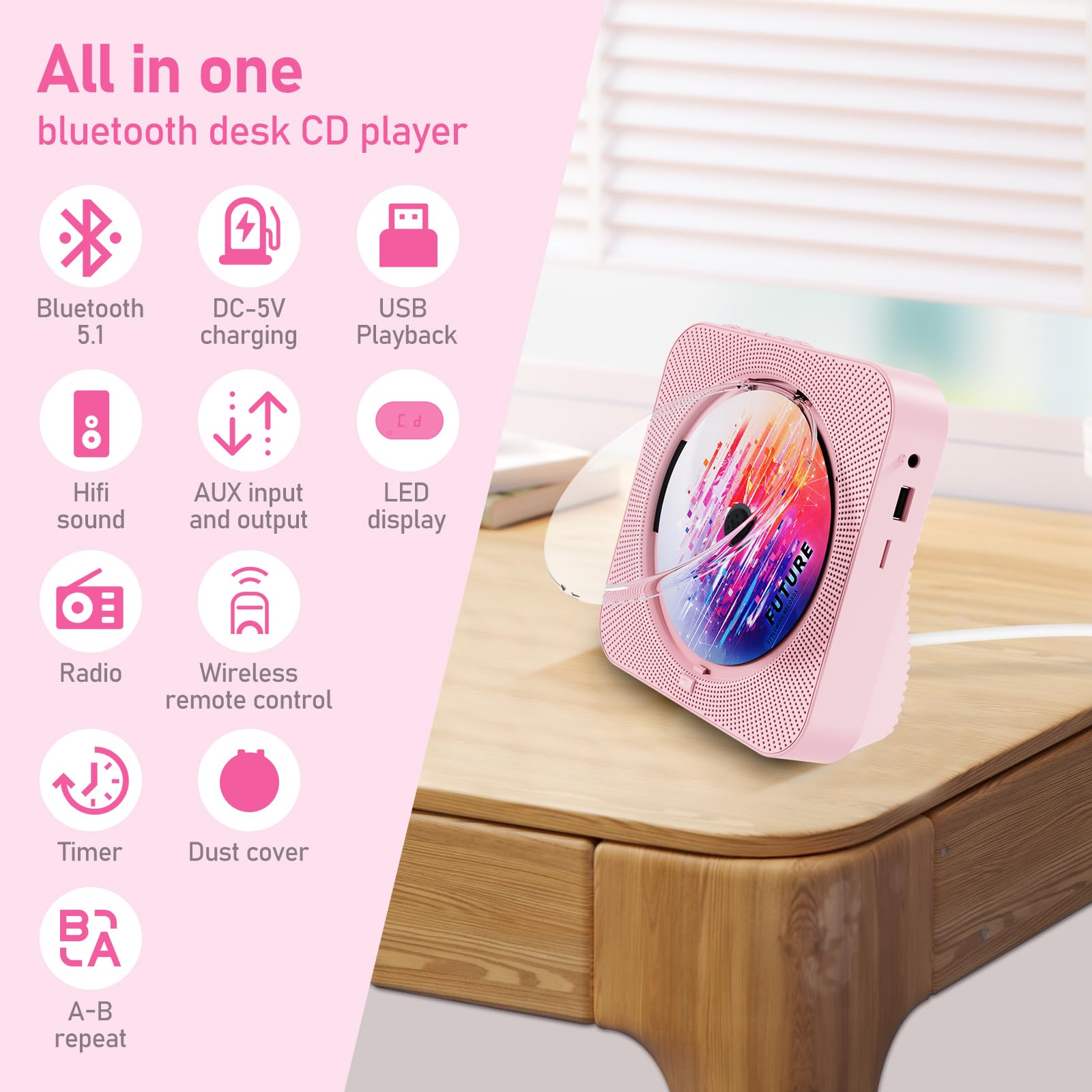 Foto 6 | Reproductor De Cd Portátil Bluetooth 5.1 Zyokata Desktop Rosa - Venta Internacional.