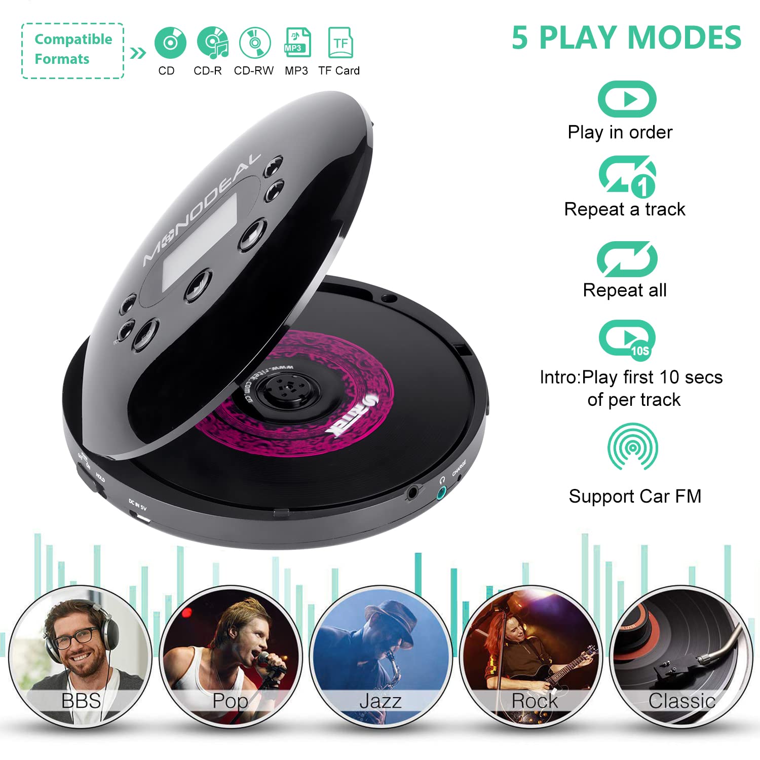 Foto 6 | Reproductor de CD Portátil Monodeal con Transmisor FM Recargable - Venta Internacional