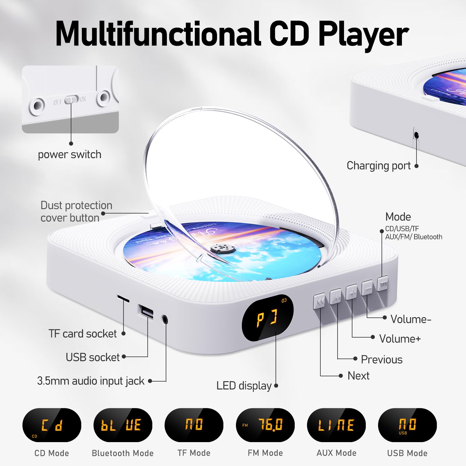 Foto 2 | Reproductor De Cd Portátil Micocious Bluetooth Con Mando A Distancia - Venta Internacional.