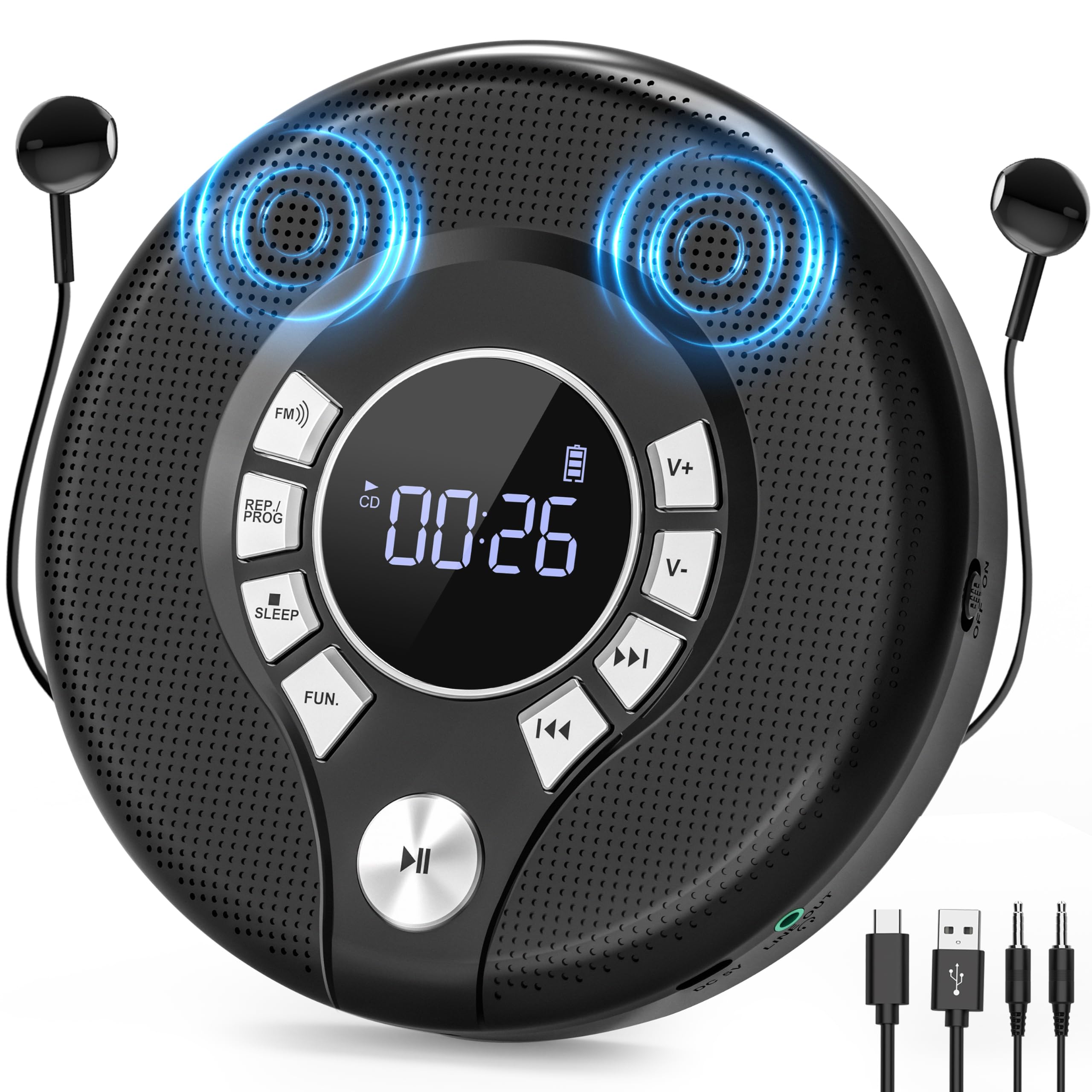 Reproductor De Cd Portátil Greadio Con Batería Recargable De 2000 Mah - Venta Internacional.