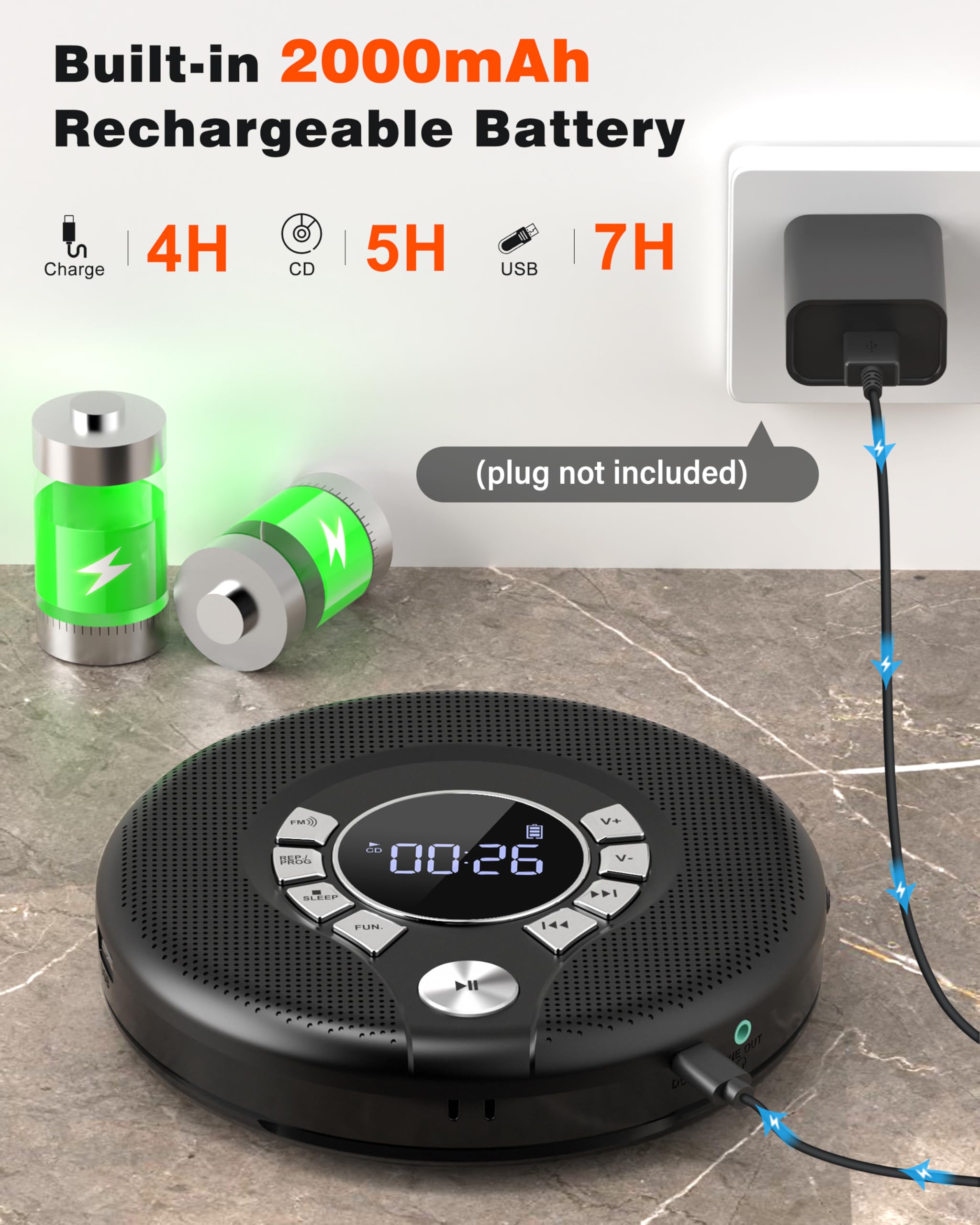 Foto 4 pulgar | Reproductor De Cd Portátil Greadio Con Batería Recargable De 2000 Mah - Venta Internacional.