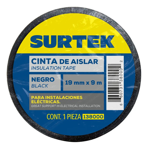 Foto 3 pulgar | Cinta Aislante Surtek Negra 19 mm x 9 m