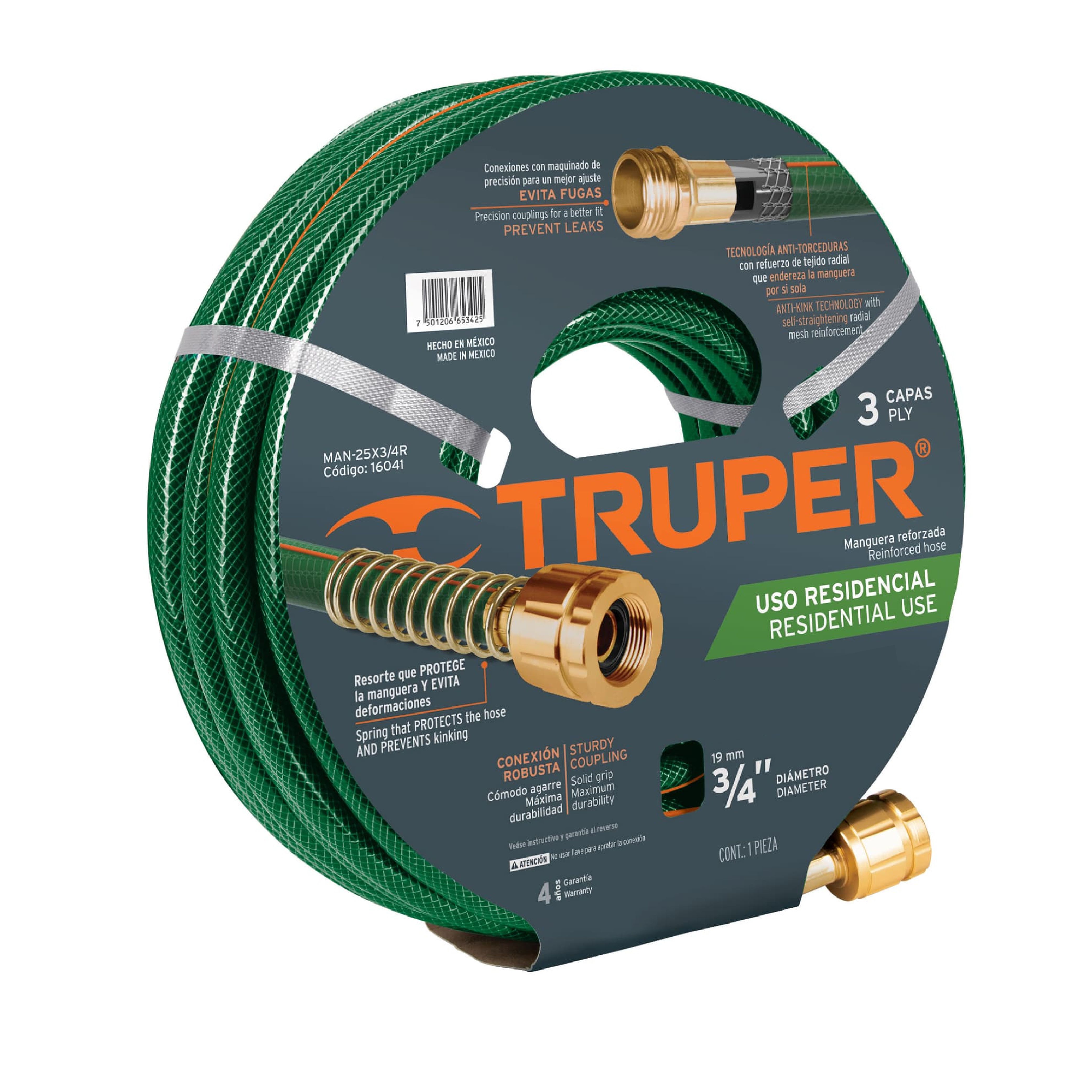 Manguera Truper 1/2'' Reforzada 3 Capas Conexiones de Metal 10 M