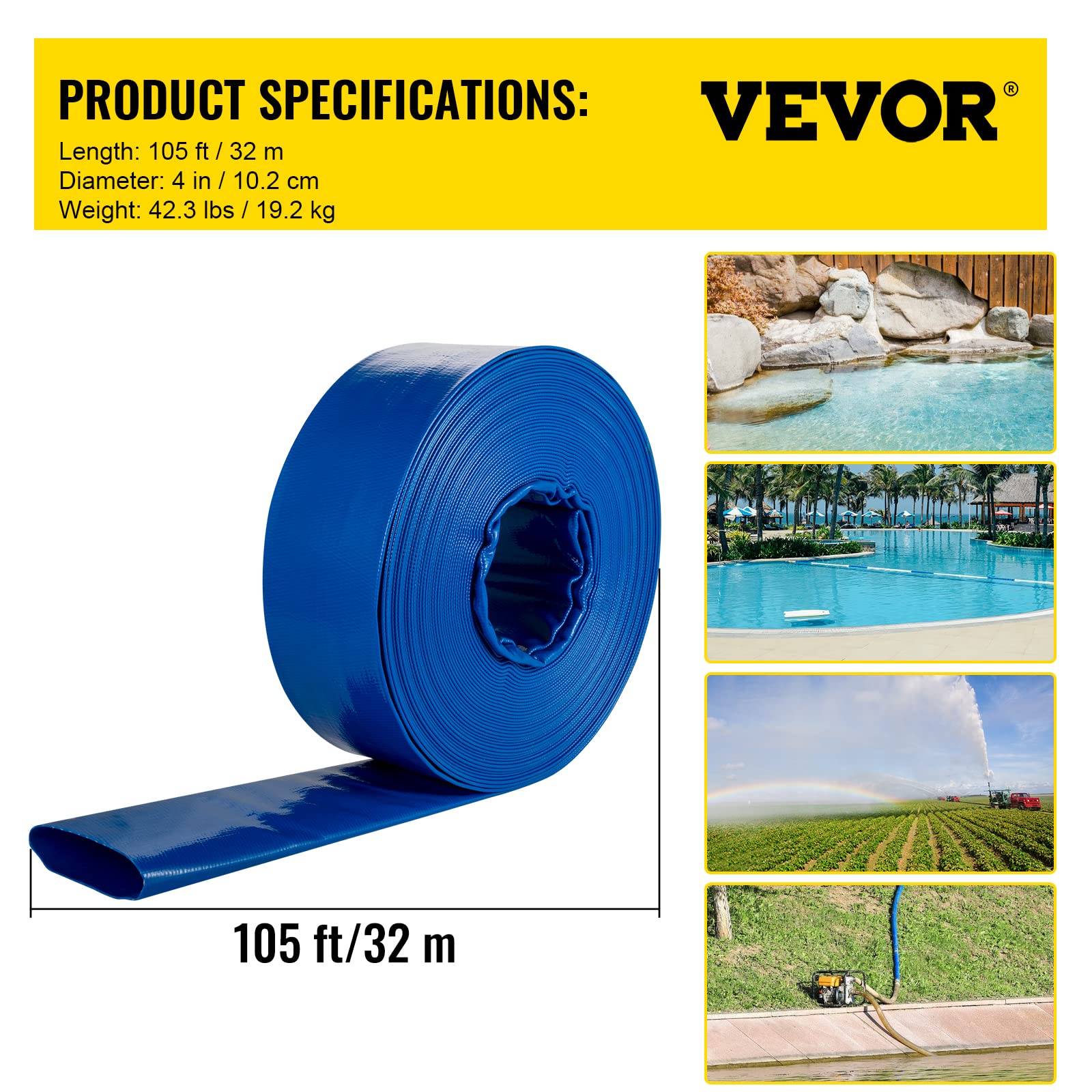 Foto 7 | Manguera De Descarga Vevor Pvc Plana De 4 X 32 M Para Piscina - Venta Internacional.