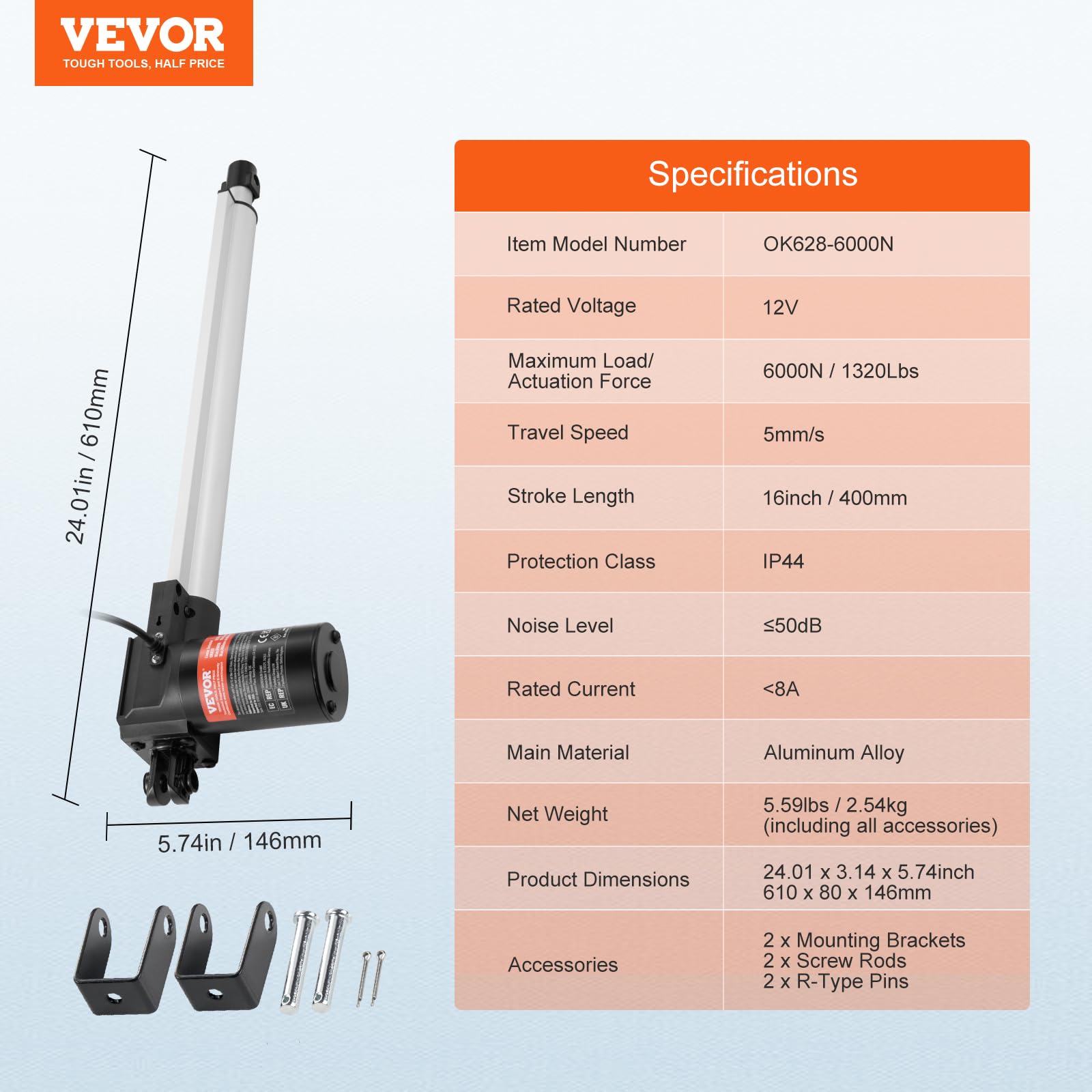 Foto 7 | Actuador Lineal Vevor 12v 400mm 6000n Con Soporte De Montaje Ip44 - Venta Internacional.