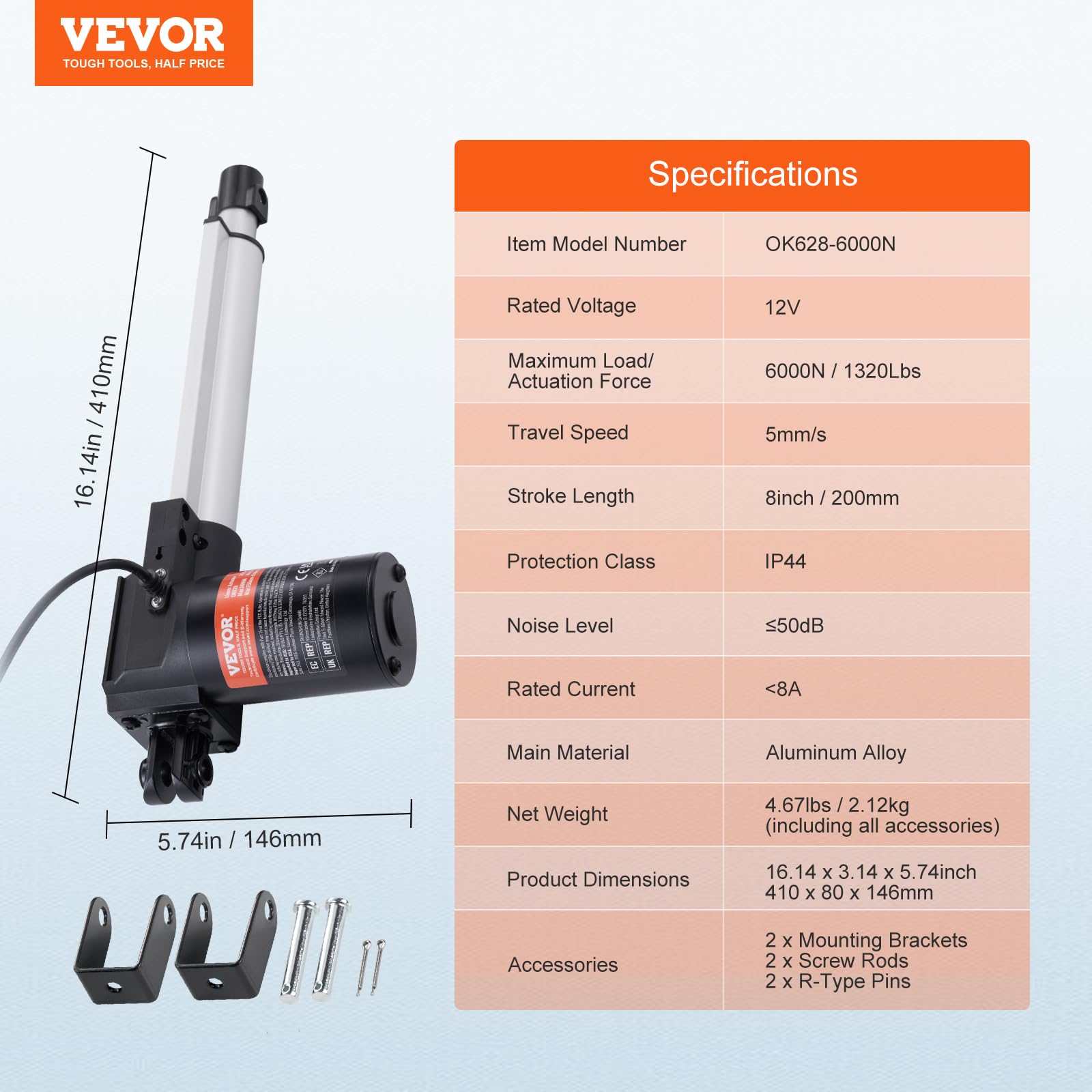 Foto 8 pulgar | Actuador Lineal Vevor 12v 6000n 200 Mm Con Soporte De Montaje Ip44 - Venta Internacional.