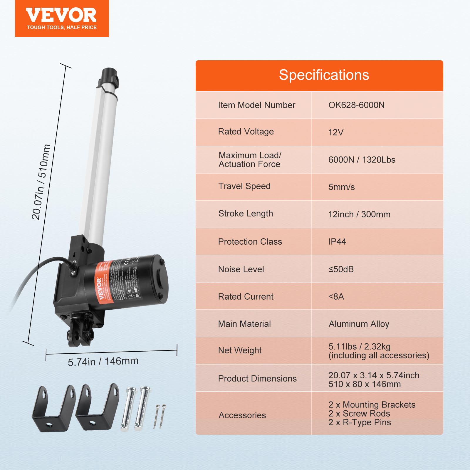 Foto 8 pulgar | Actuador Lineal Vevor 12v 300mm Con Soporte De Montaje 6000n - Venta Internacional.