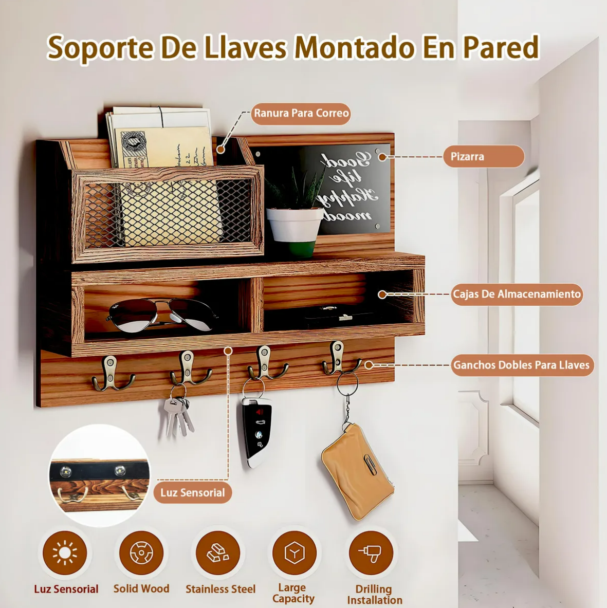 Foto 4 pulgar | Porta Llaves Pared Madera Modernos Hogar Adornos