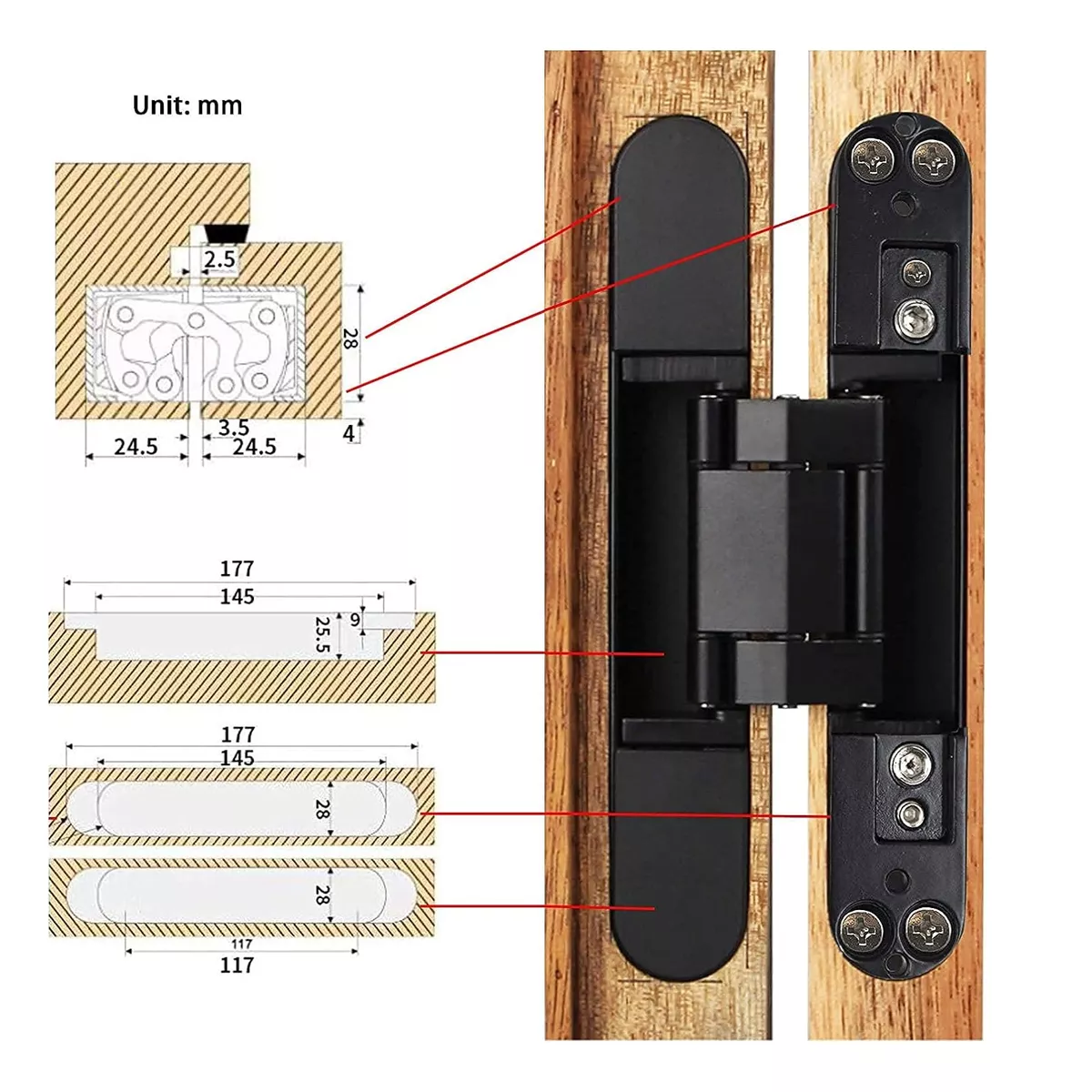 Foto 4 pulgar | 2 Pzas Bisagras Ocultas Ajustables De Zinc Para Puertas Eo Safe Imports Esi-15619 Negro