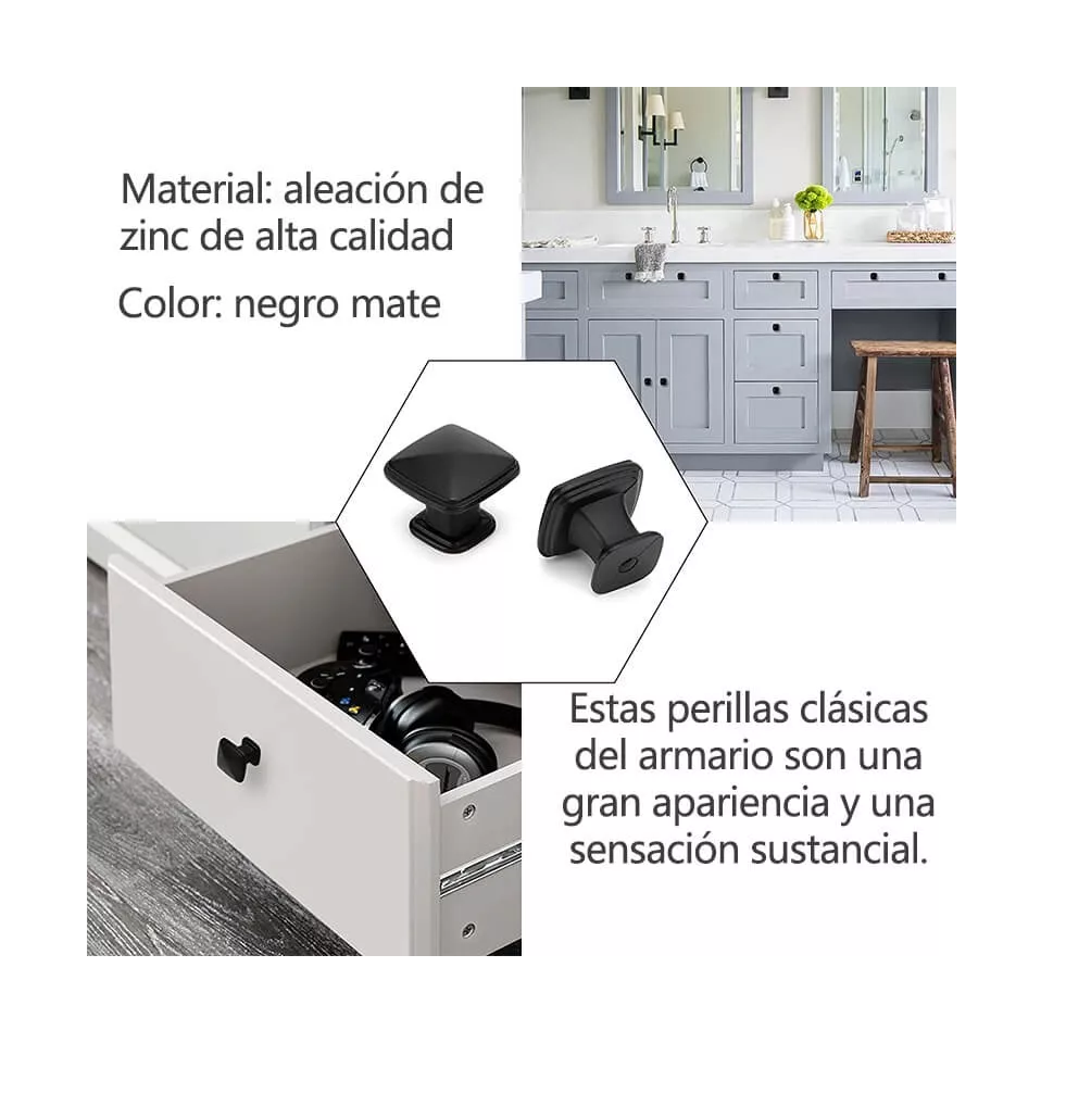 Foto 4 pulgar | Jaladera de Botón Cuadrado Negra 30 mm 12 Piezas