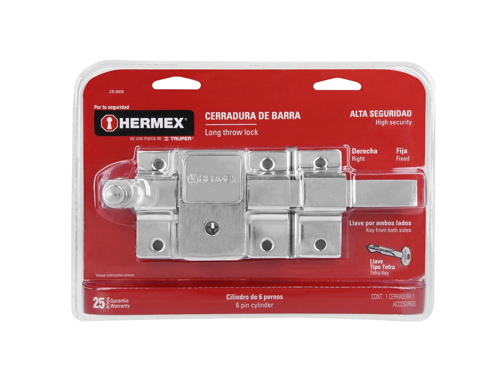 Foto 4 pulgar | Cerradura para Puerta Barra Fija Hermex Cb-50db Llave Tetra Derecha