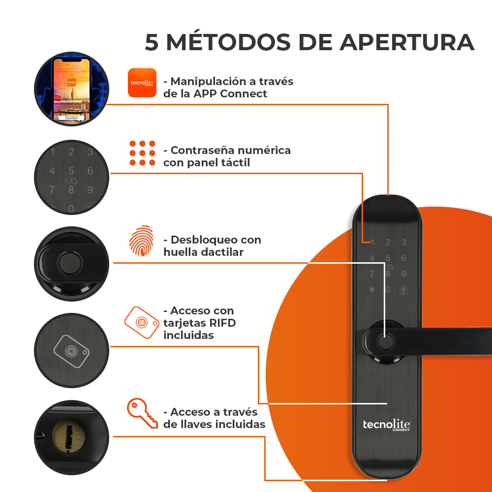 Foto 5 pulgar | Cerradura Inteligente Wifi Tecnolite Connect color Negro Ajuste de Apertura Múltiple Desbloqueo Resistente