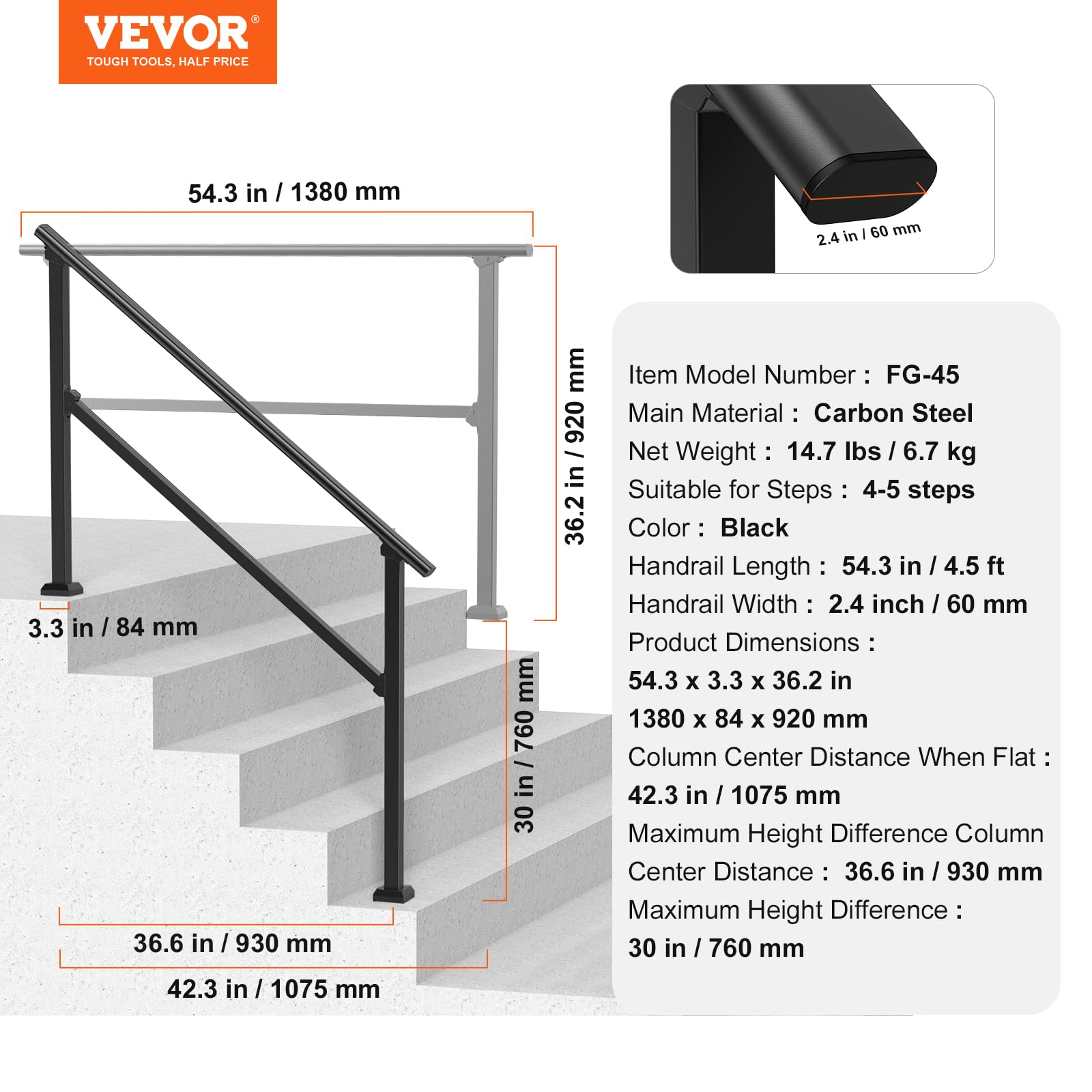 Foto 8 pulgar | Kit De Barandillas Handrail Vevor Para Escaleras Exteriores De 4 A 5 Peldaños - Venta Internacional.
