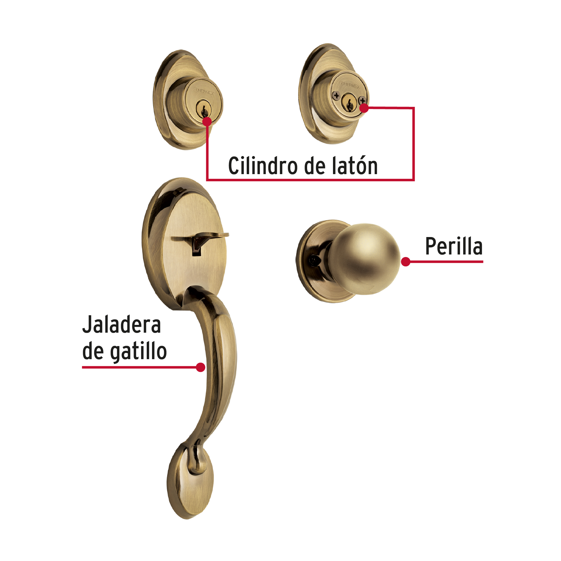 Foto 3 pulgar | Jaladera Perilla y Cerrojo Llave Hermex Cep-22pjp color Dorado Laton Antiguo