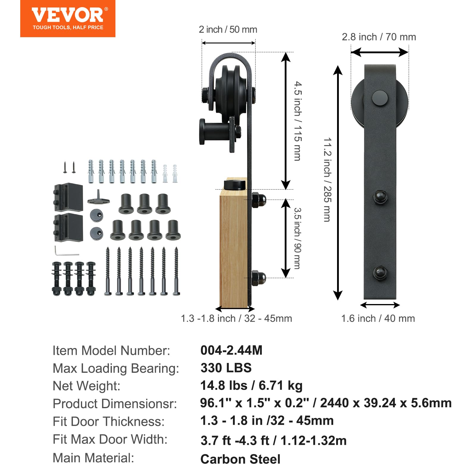 Foto 7 | Kit De Herrajes Para Puertas Corredizas De Granero Vevor, Carga De 8 Pies Y 150 Kg - Venta Internacional.