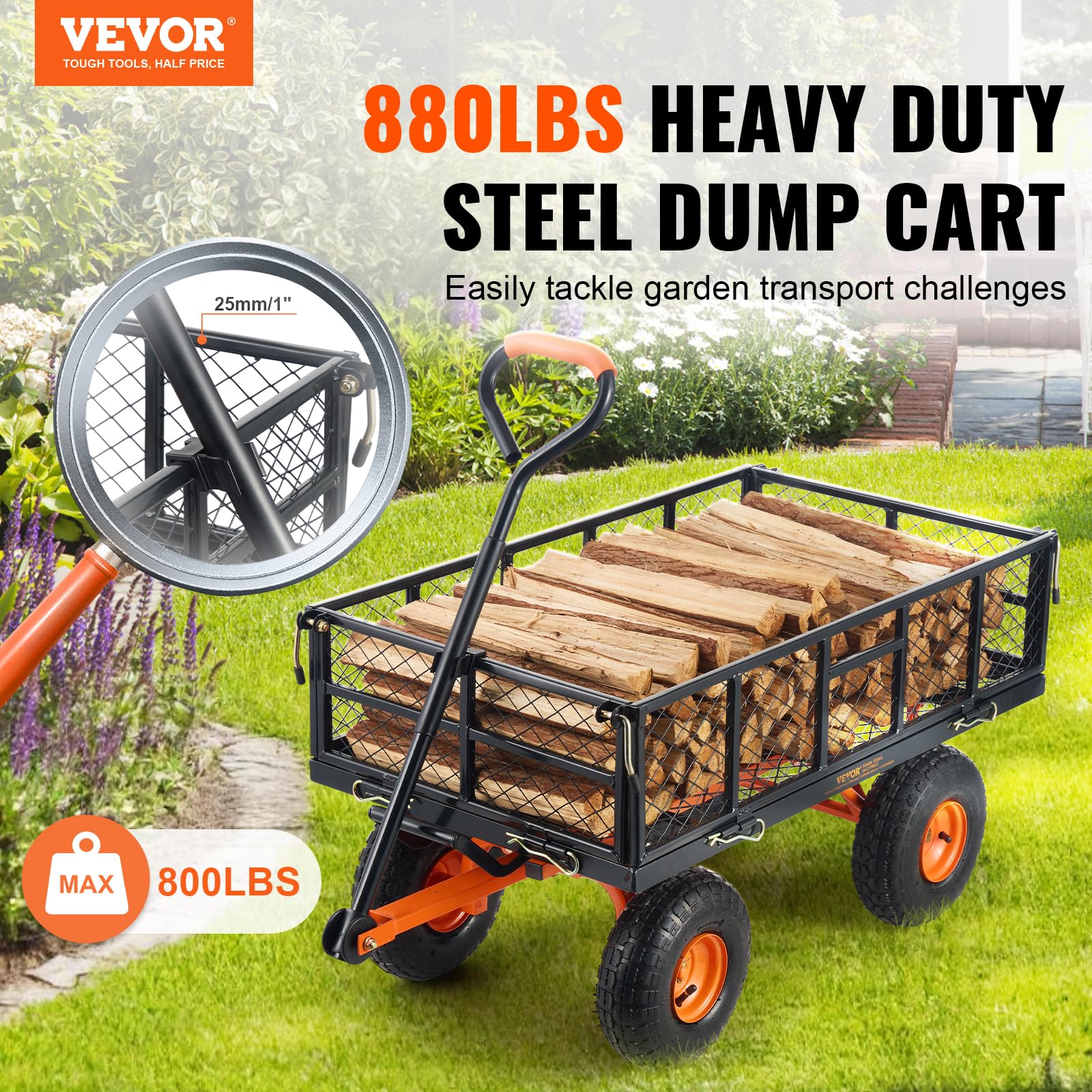 Foto 3 pulgar | Carrito Volquete De Jardín Vevor De Acero De 400 Kg Con Lados Extraíbles Y Ruedas De 10 Pulgadas - Venta Internacional.