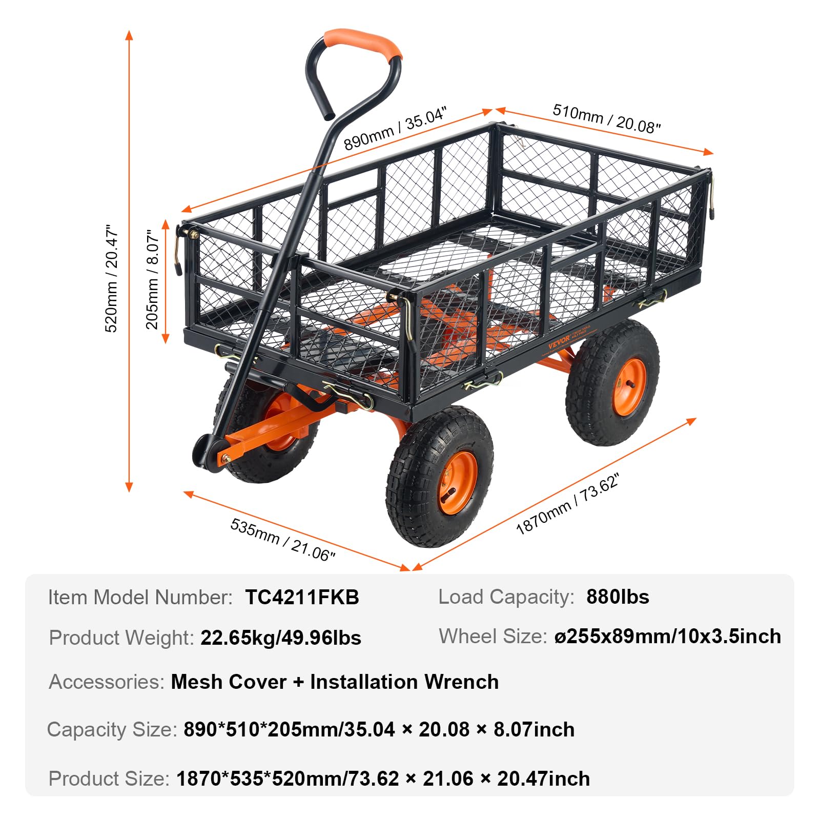 Foto 8 pulgar | Carrito Volquete De Jardín Vevor De Acero De 400 Kg Con Lados Extraíbles Y Ruedas De 10 Pulgadas - Venta Internacional.