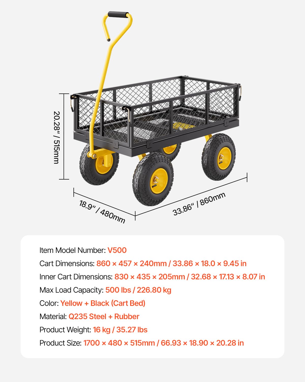 Foto 8 pulgar | Carrito De Jardín Vevor Steel De 500 Libras De Capacidad Con Malla Extraíble Si - Venta Internacional.