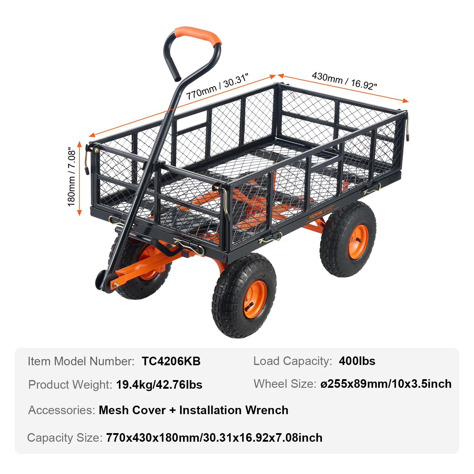 Foto 7 | Carrito Volquete De Jardín Vevor De Acero De 181 Kg Con Lados Extraíbles Y Ruedas De 10 Pulgadas - Venta Internacional.