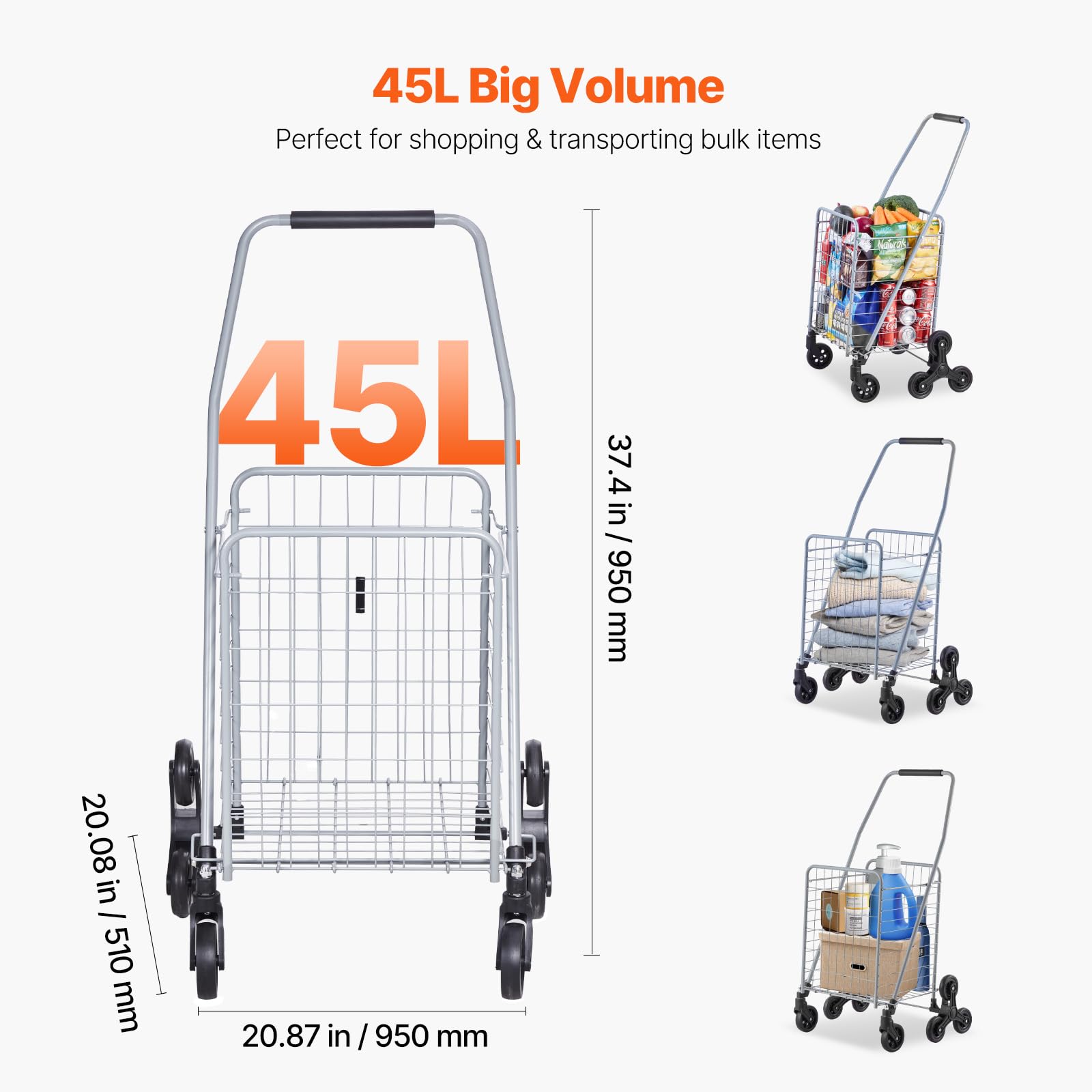 Foto 5 pulgar | Carrito De Compras Vevor 45l Para Subir Escaleras Con Ruedas Giratorias, Color Plateado - Venta Internacional.